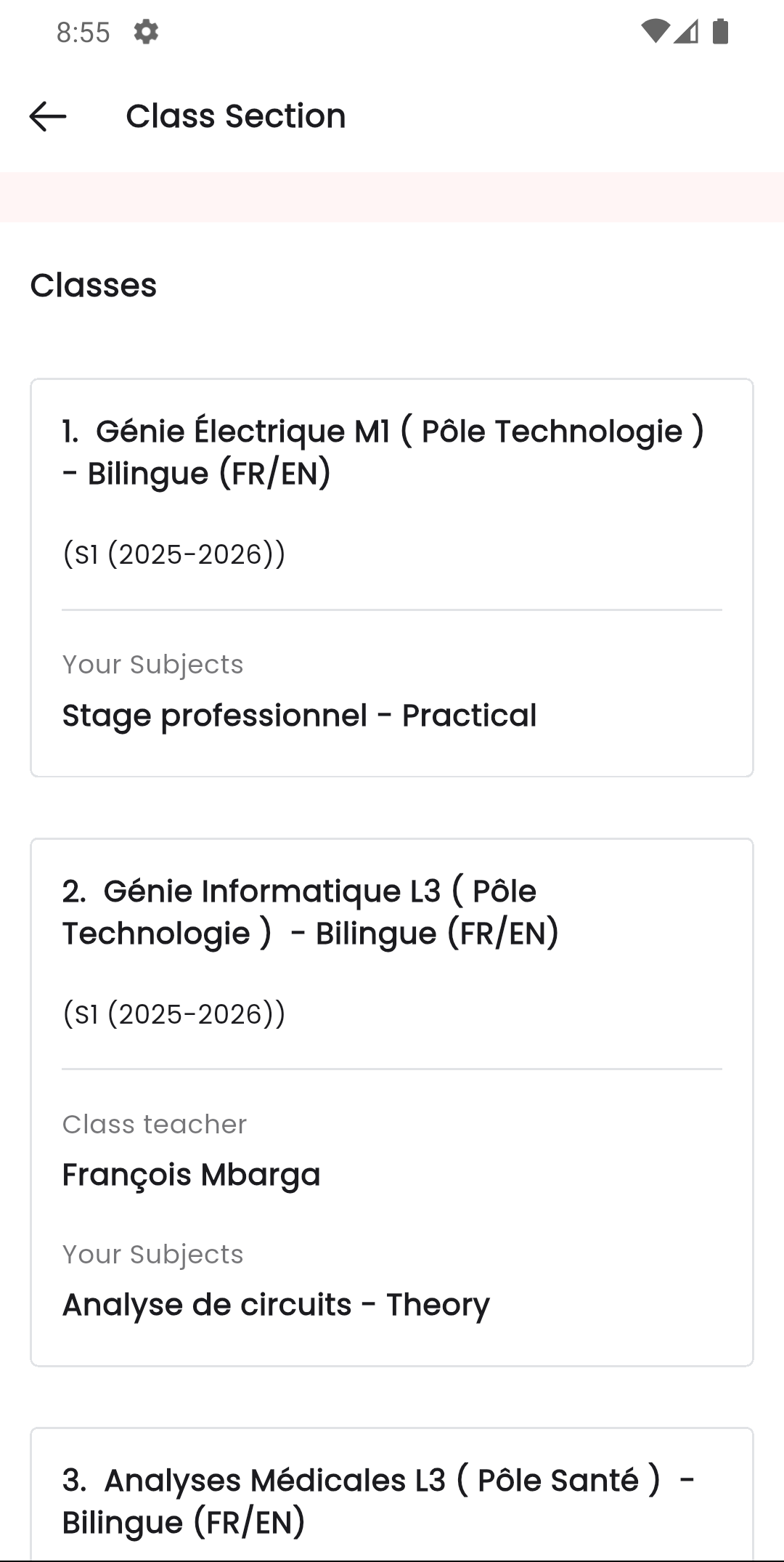 Sélecteur de section avec les pôles dans l'application mobile