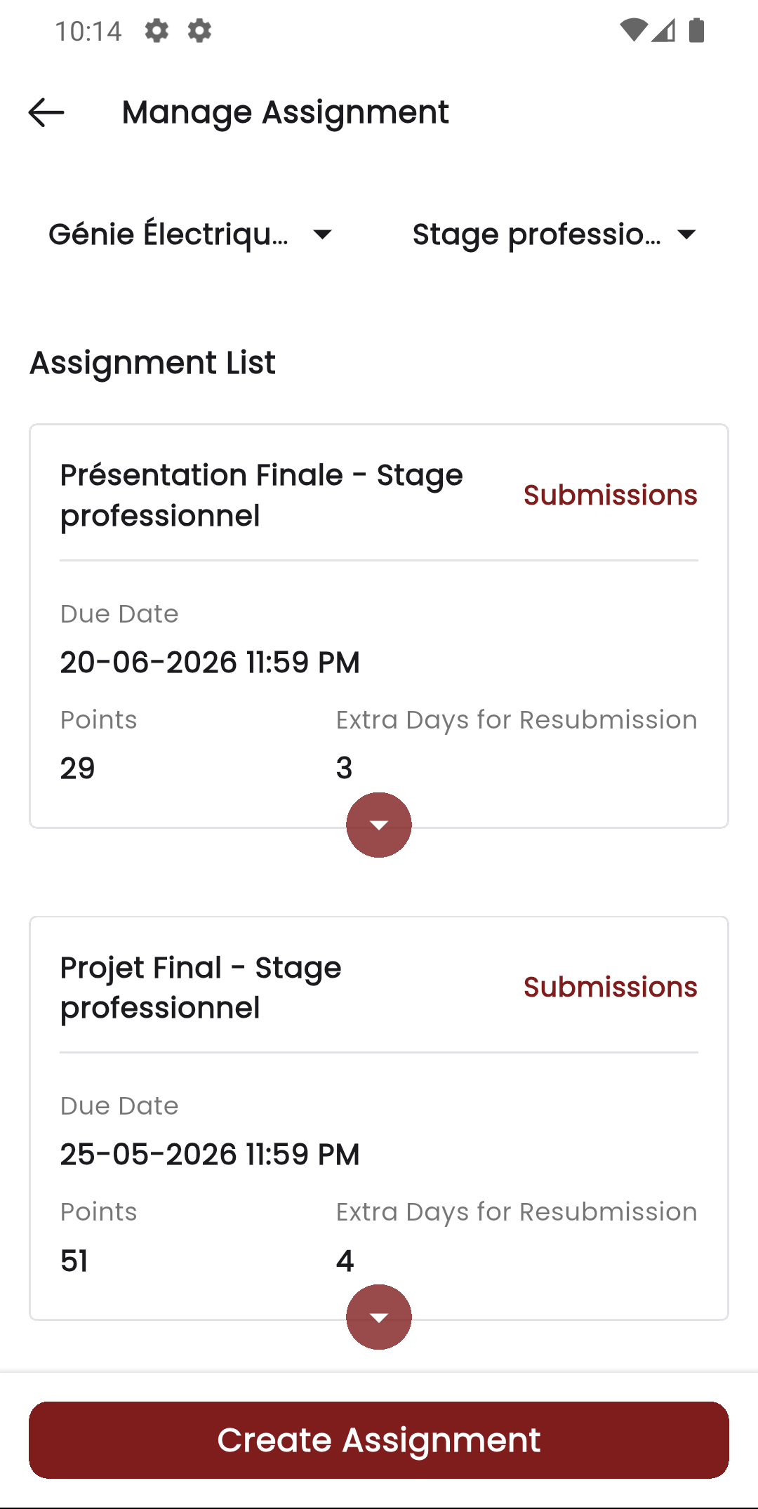 Liste des devoirs par matière dans l'application mobile