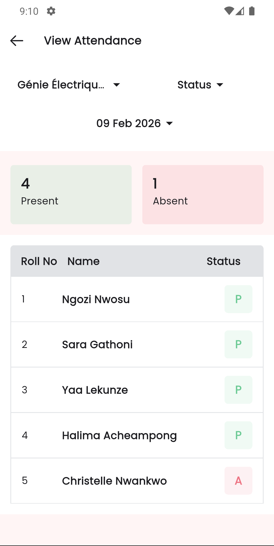 Vue de présence avec la liste de classe mise à jour dans l'application mobile