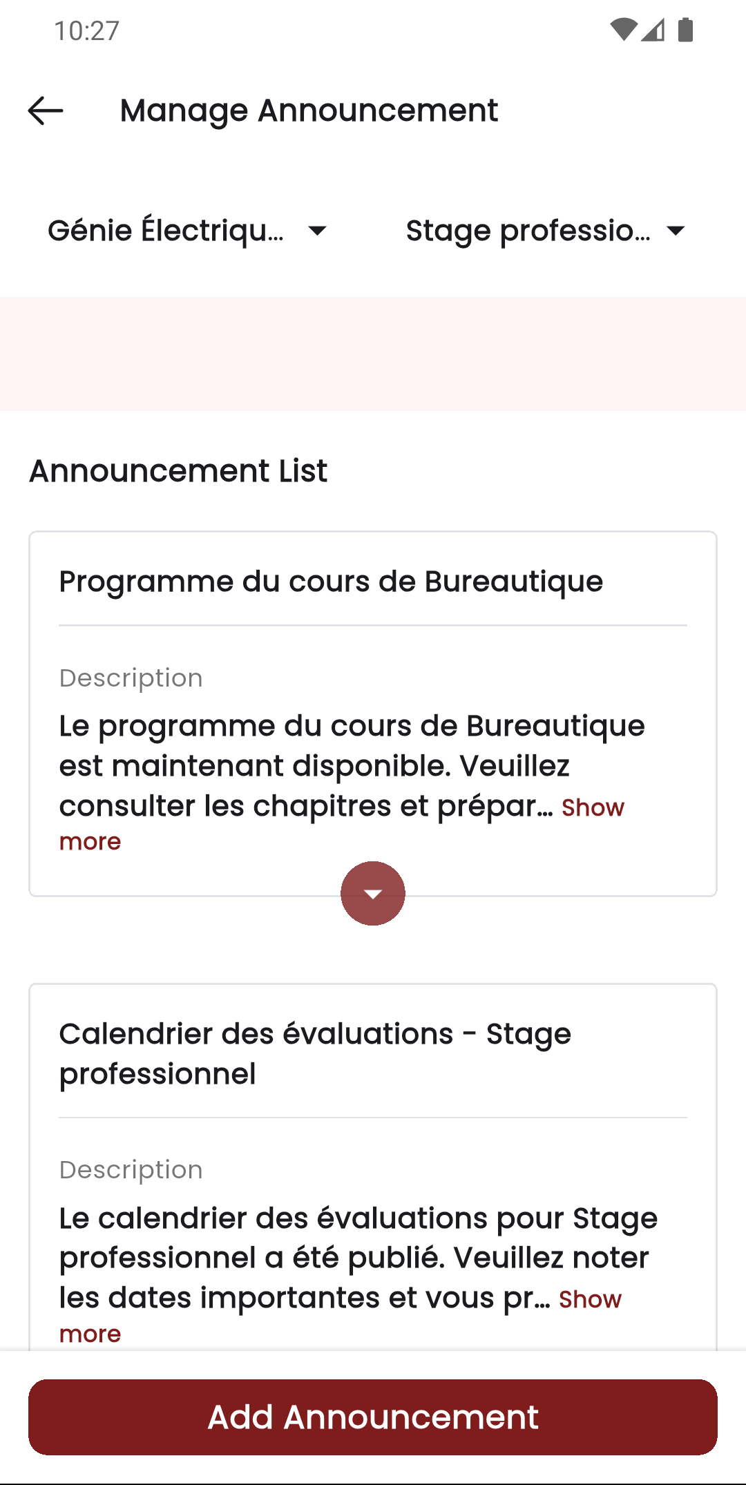 Écran de liste des annonces dans l'application personnel