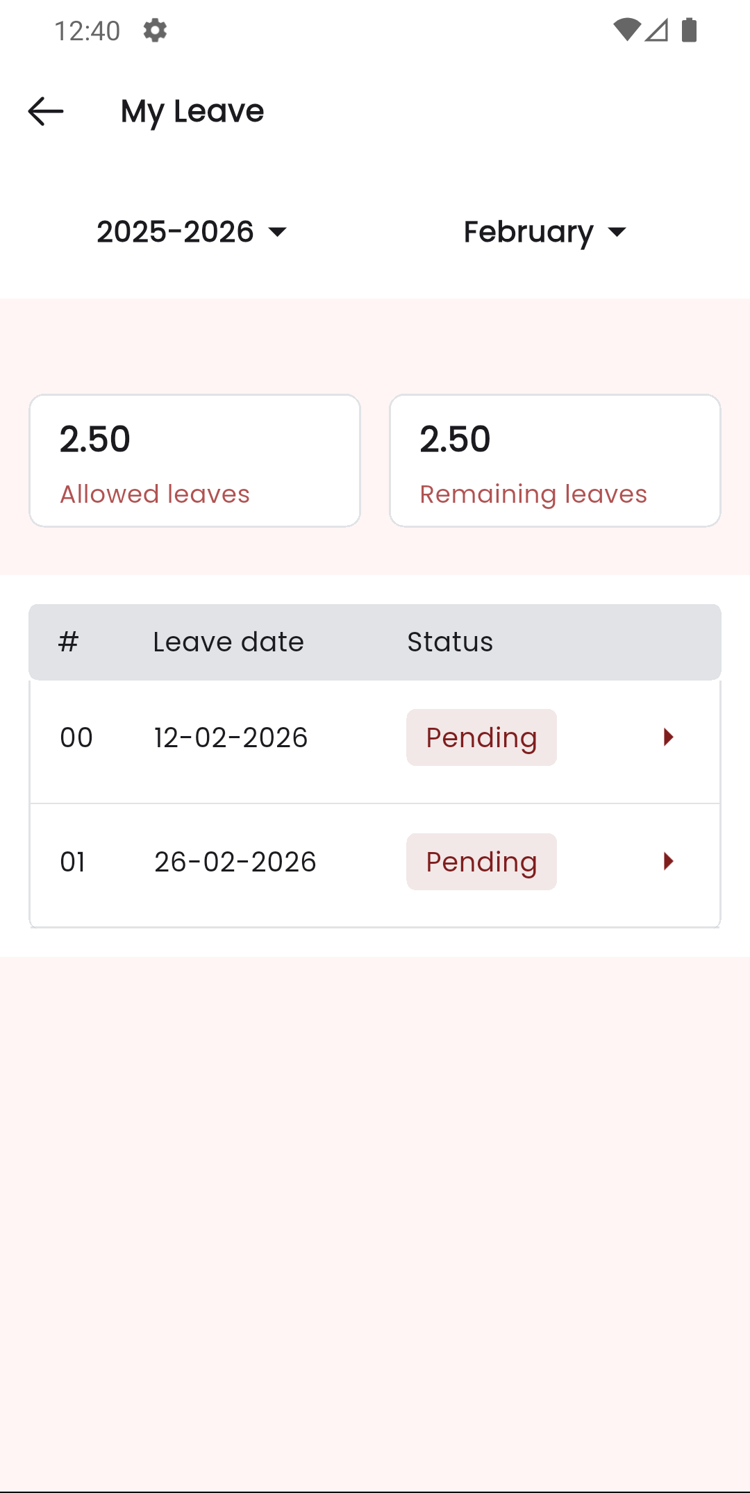 Application mobile — Liste des congés
