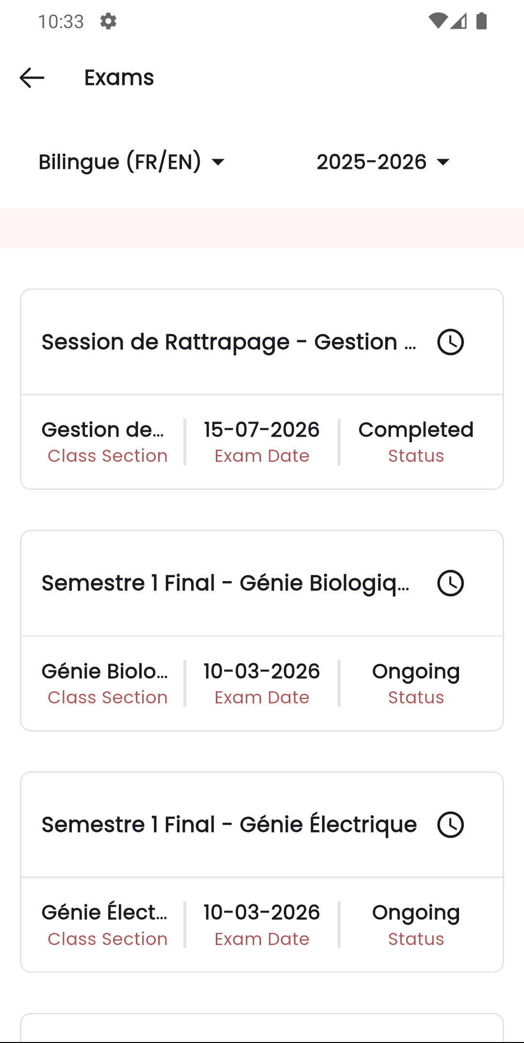 Liste des examens dans l'application mobile