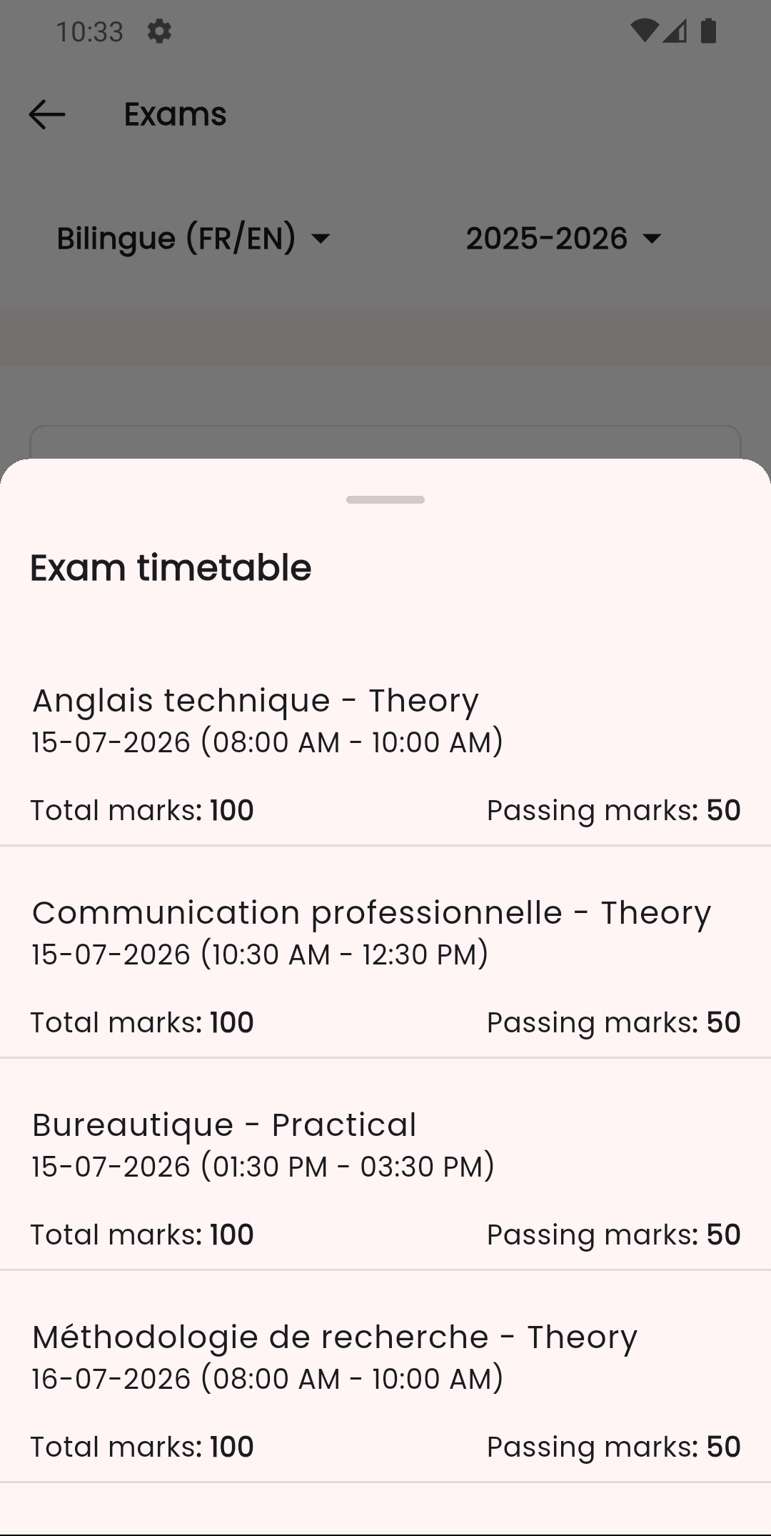 Emploi du temps dans l'application mobile