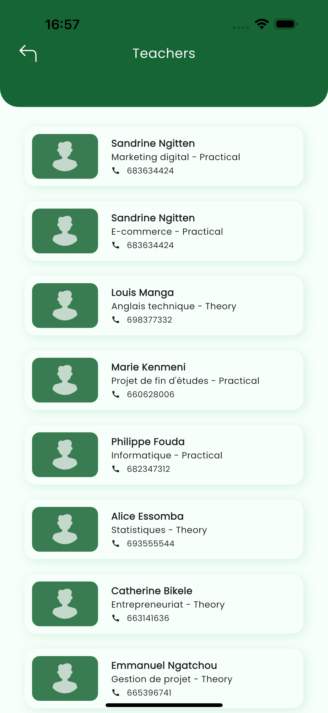 Annuaire des enseignants listant chaque enseignant avec sa matière et son numéro de téléphone