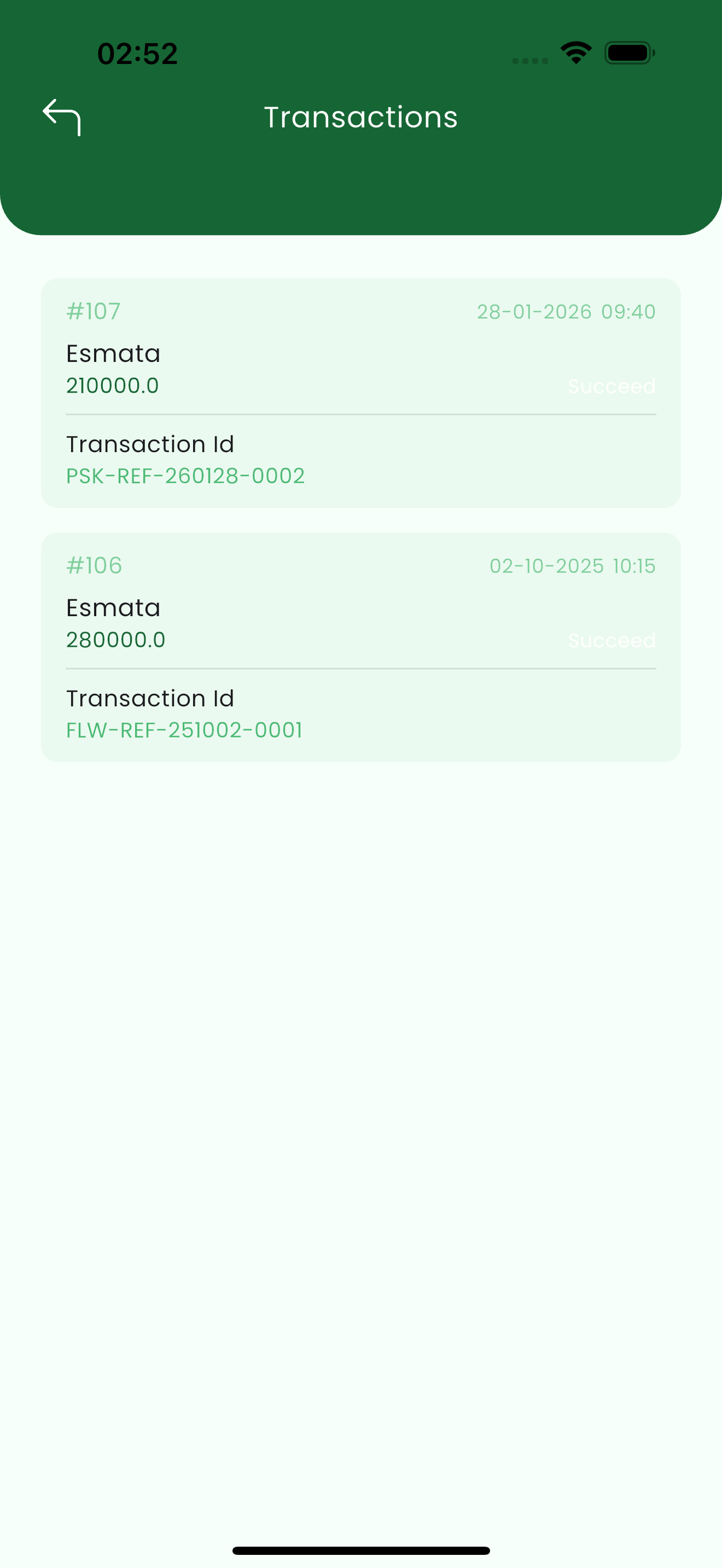 Liste des transactions avec montant, date, statut Réussi et identifiant de transaction de la passerelle