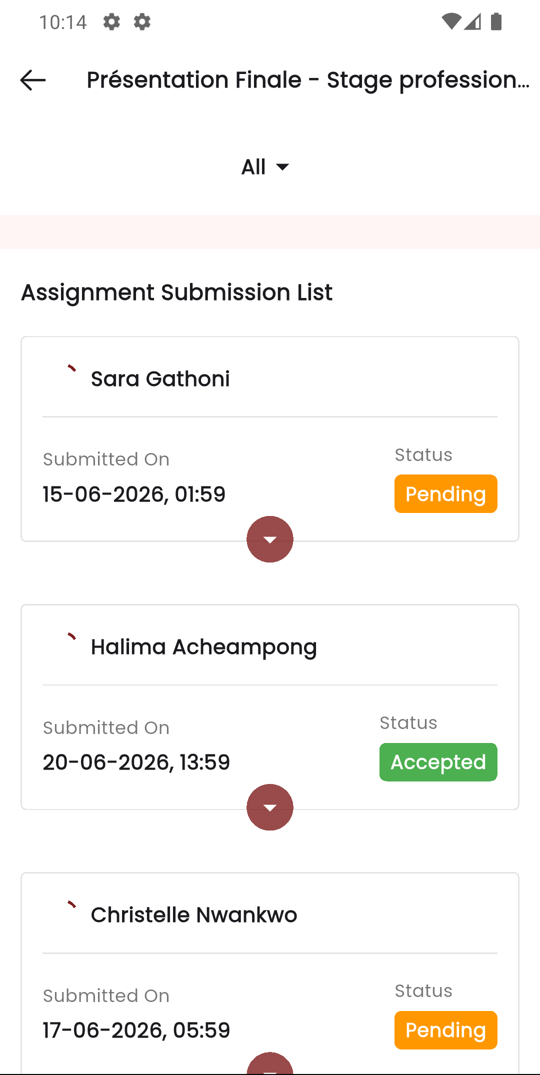 Liste des soumissions dans l'application personnel