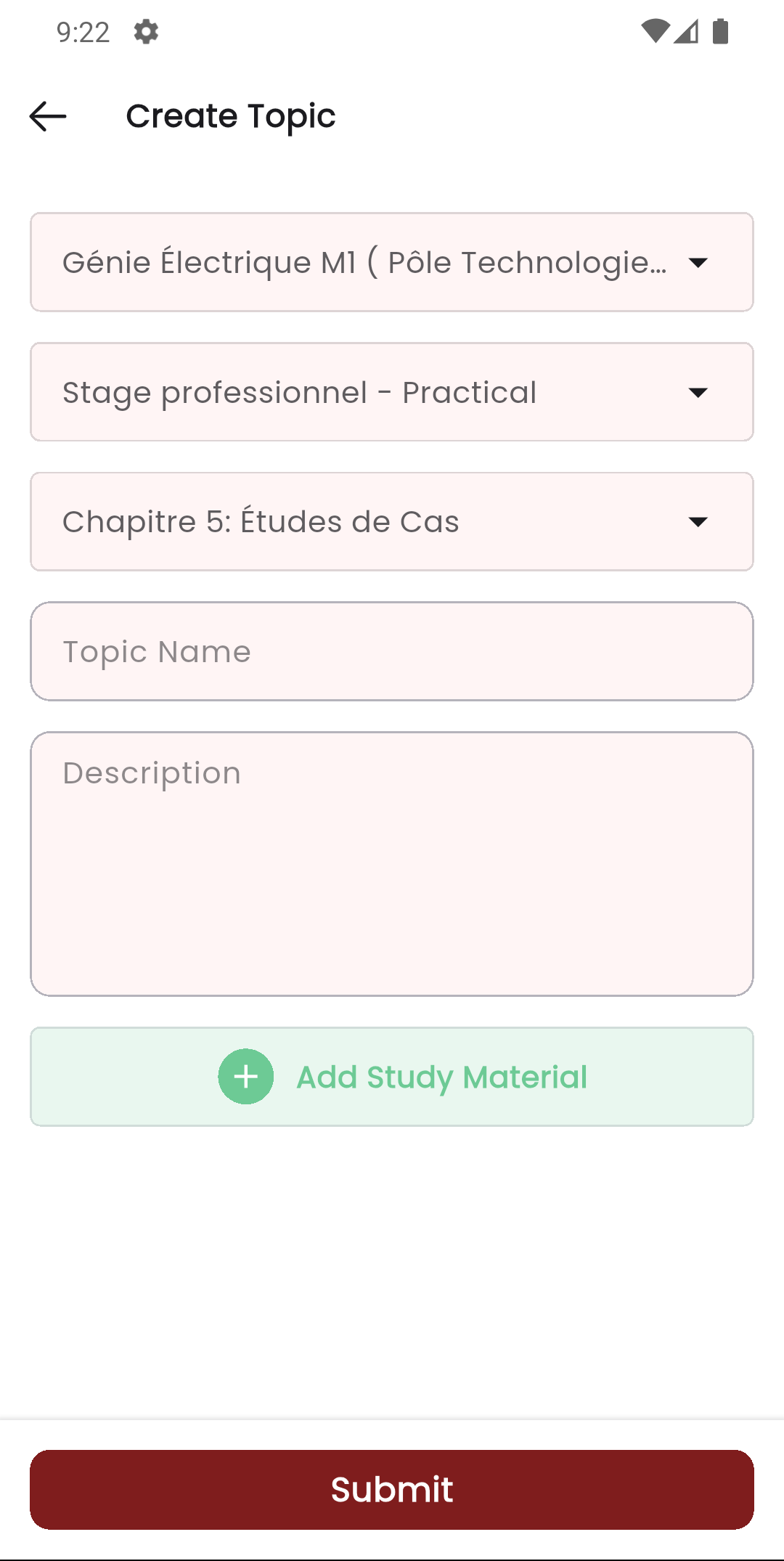 Écran de création de sujet dans l'application Staff