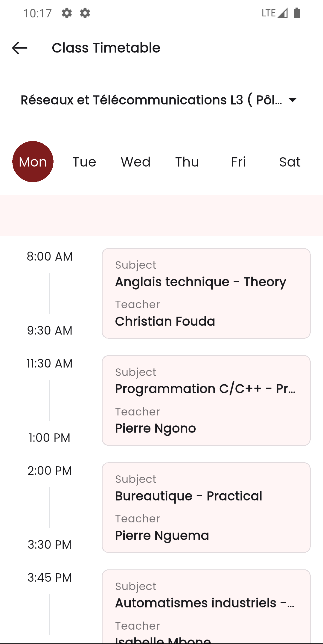 Vue emploi du temps de classe dans l'application mobile