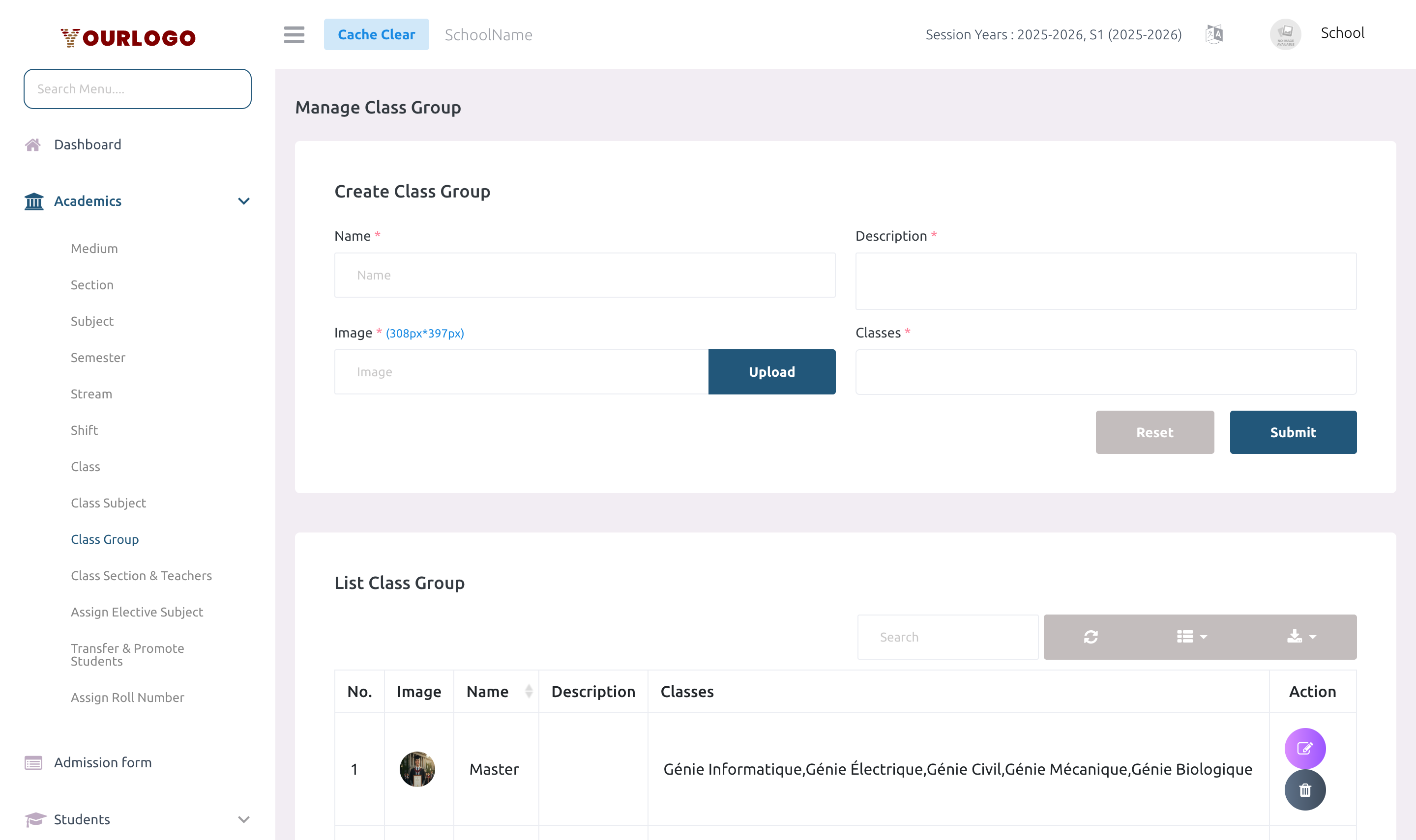 Liste des groupes de classes — panneau web