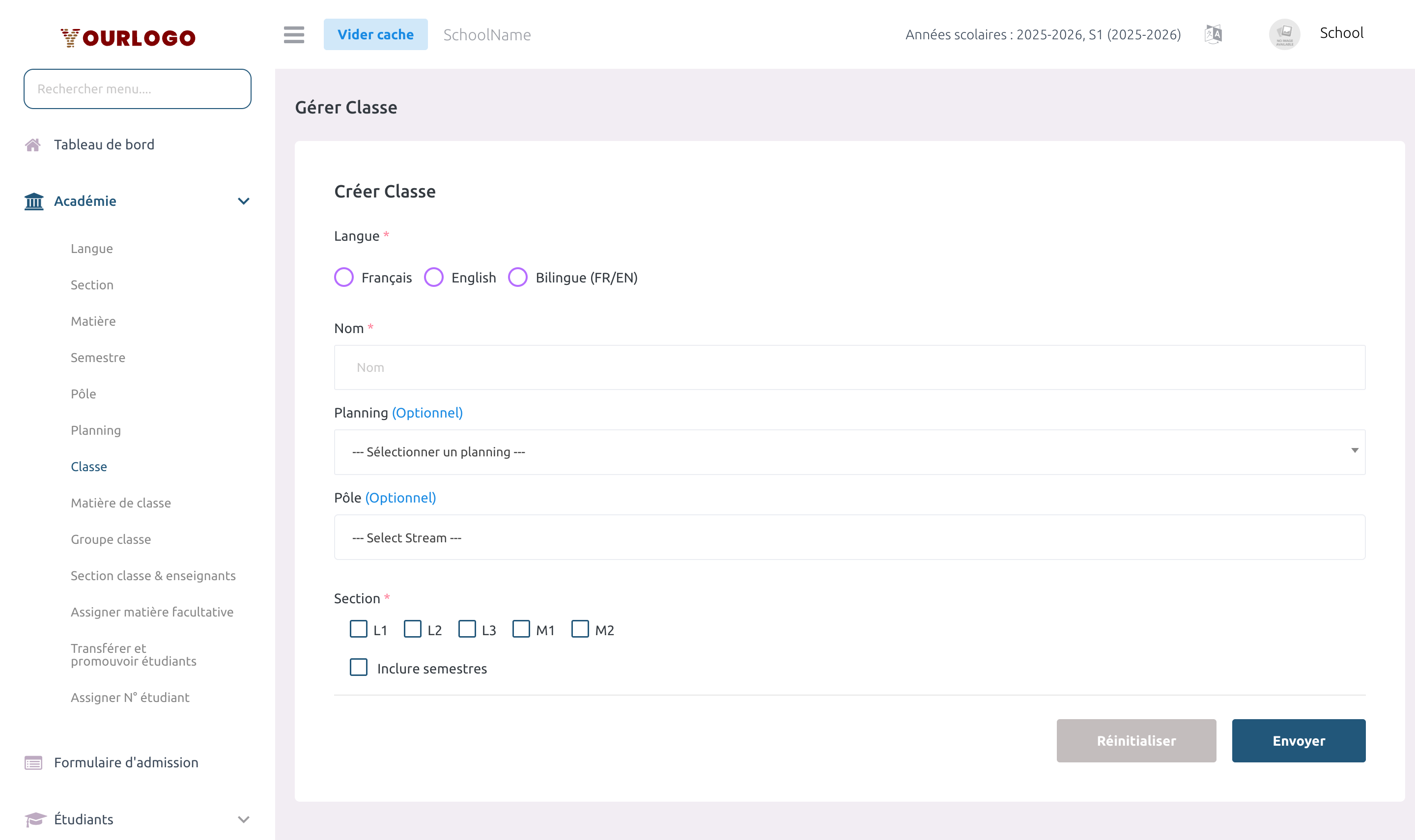 Liste des classes avec tableau filtrable montrant toutes les classes configurées