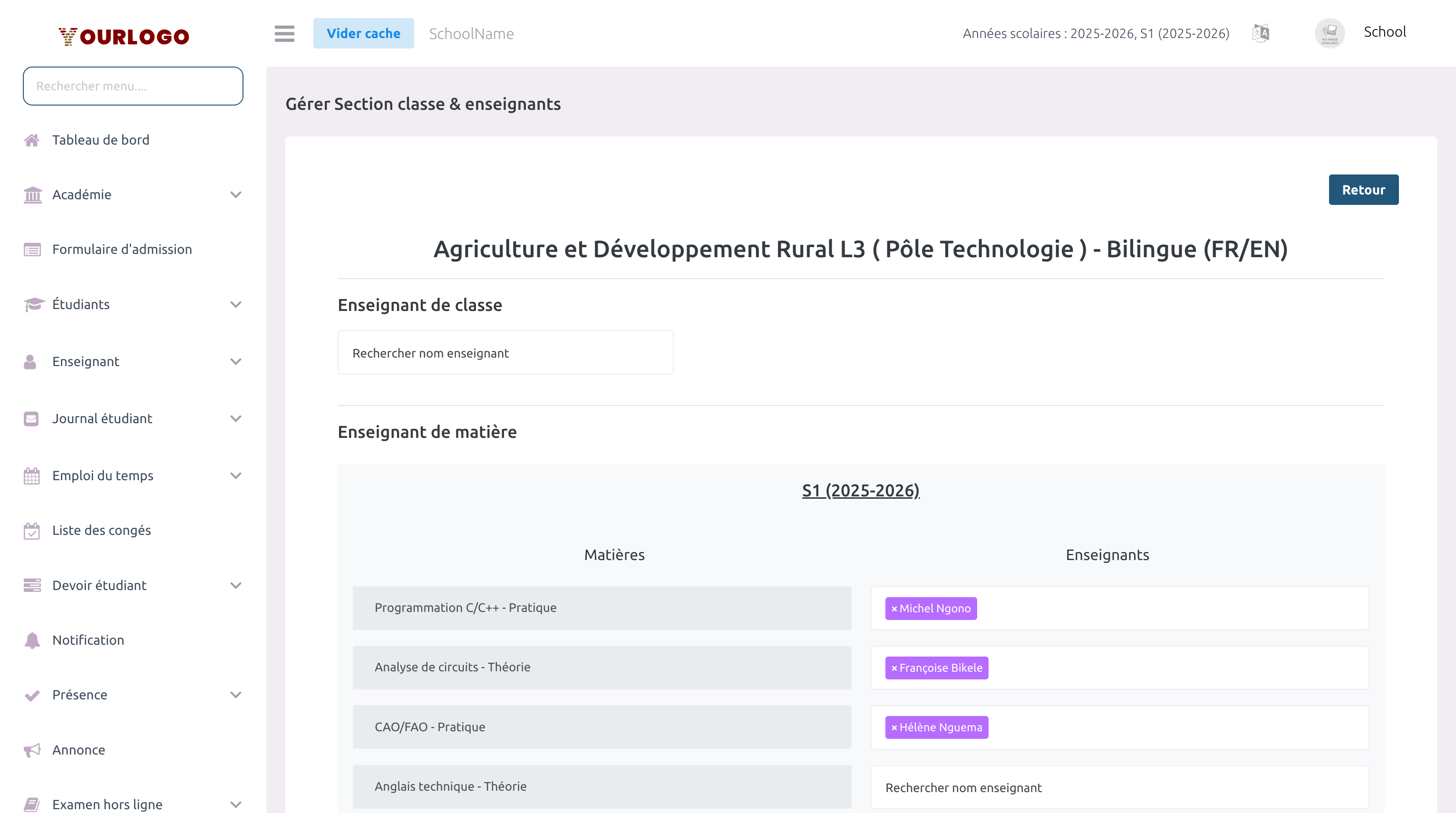 Formulaire d'assignation des enseignants de classe et de matière