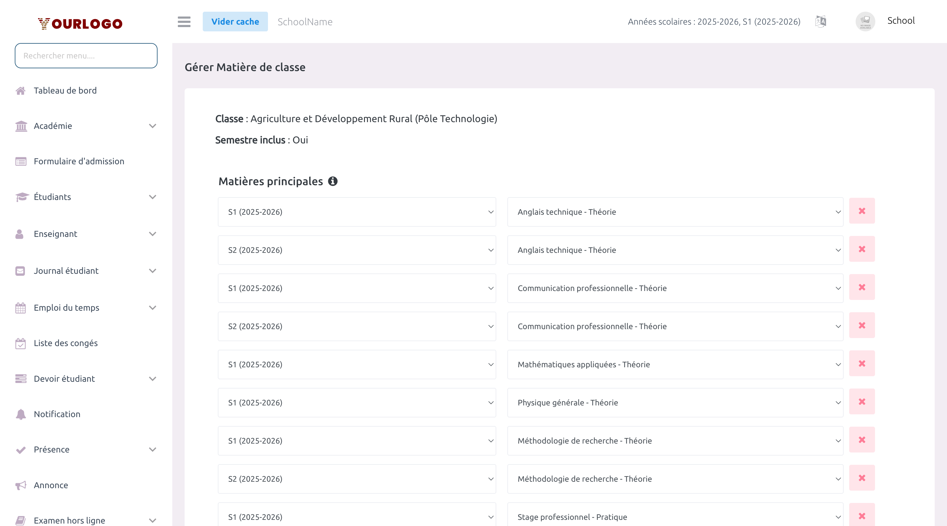 Formulaire d'édition des matières de classe avec matières obligatoires et groupes à option