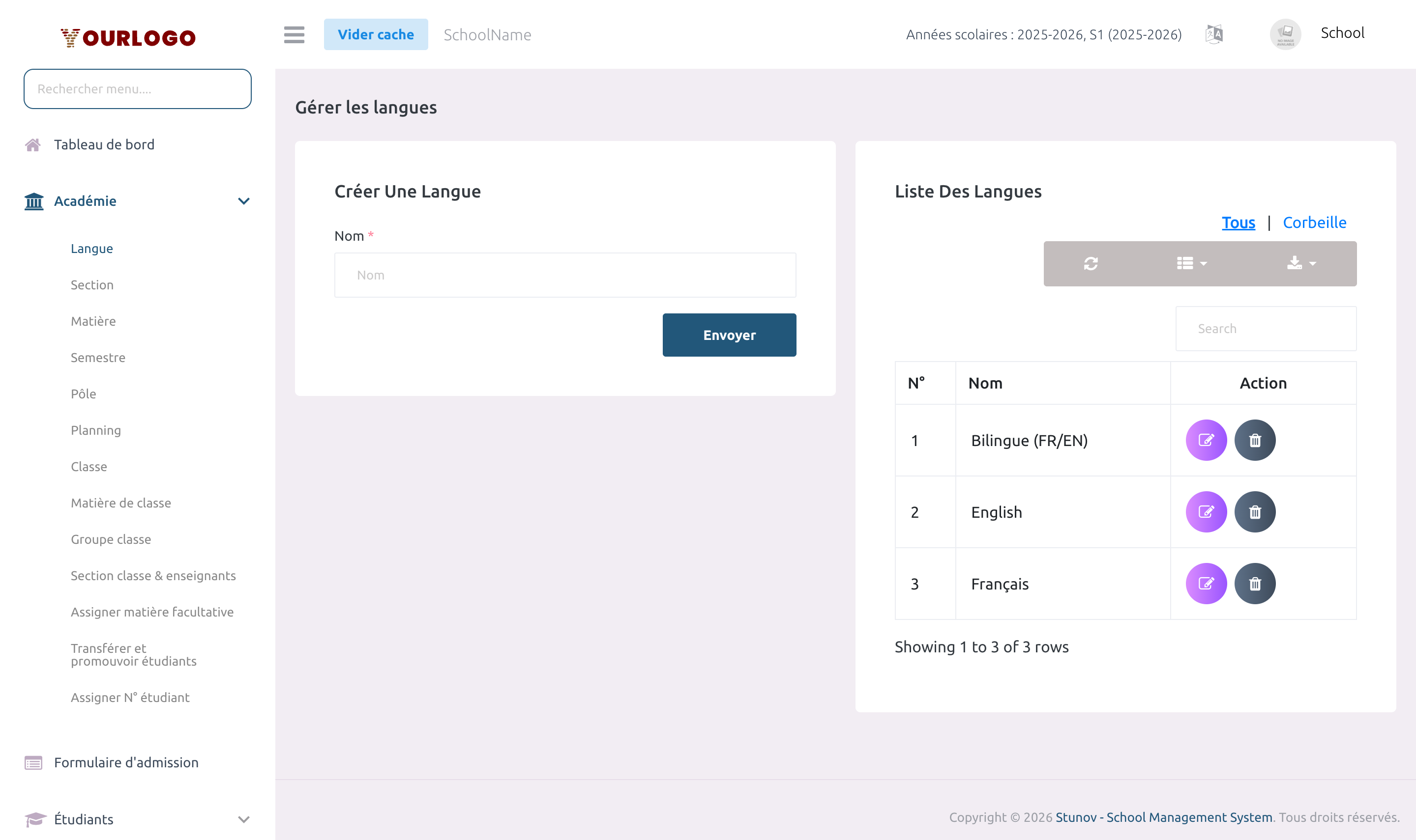 Page de gestion des Langues avec formulaire de création et tableau de liste