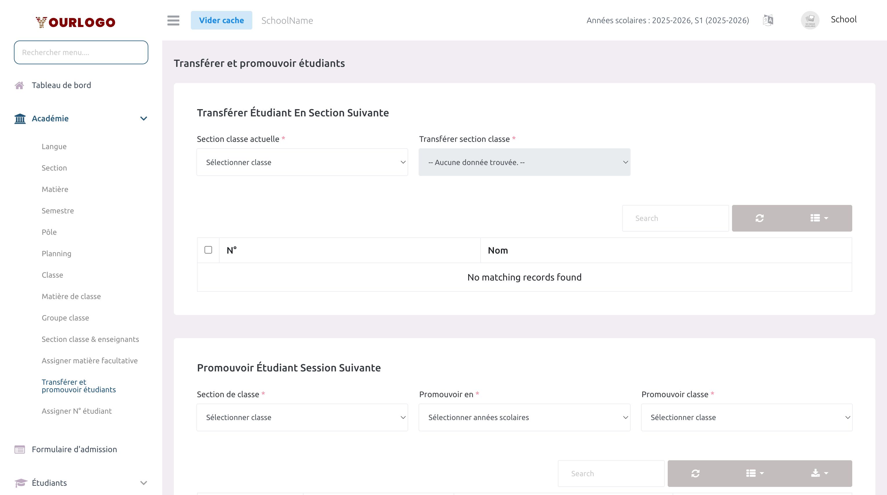 Page de transfert et promotion des élèves