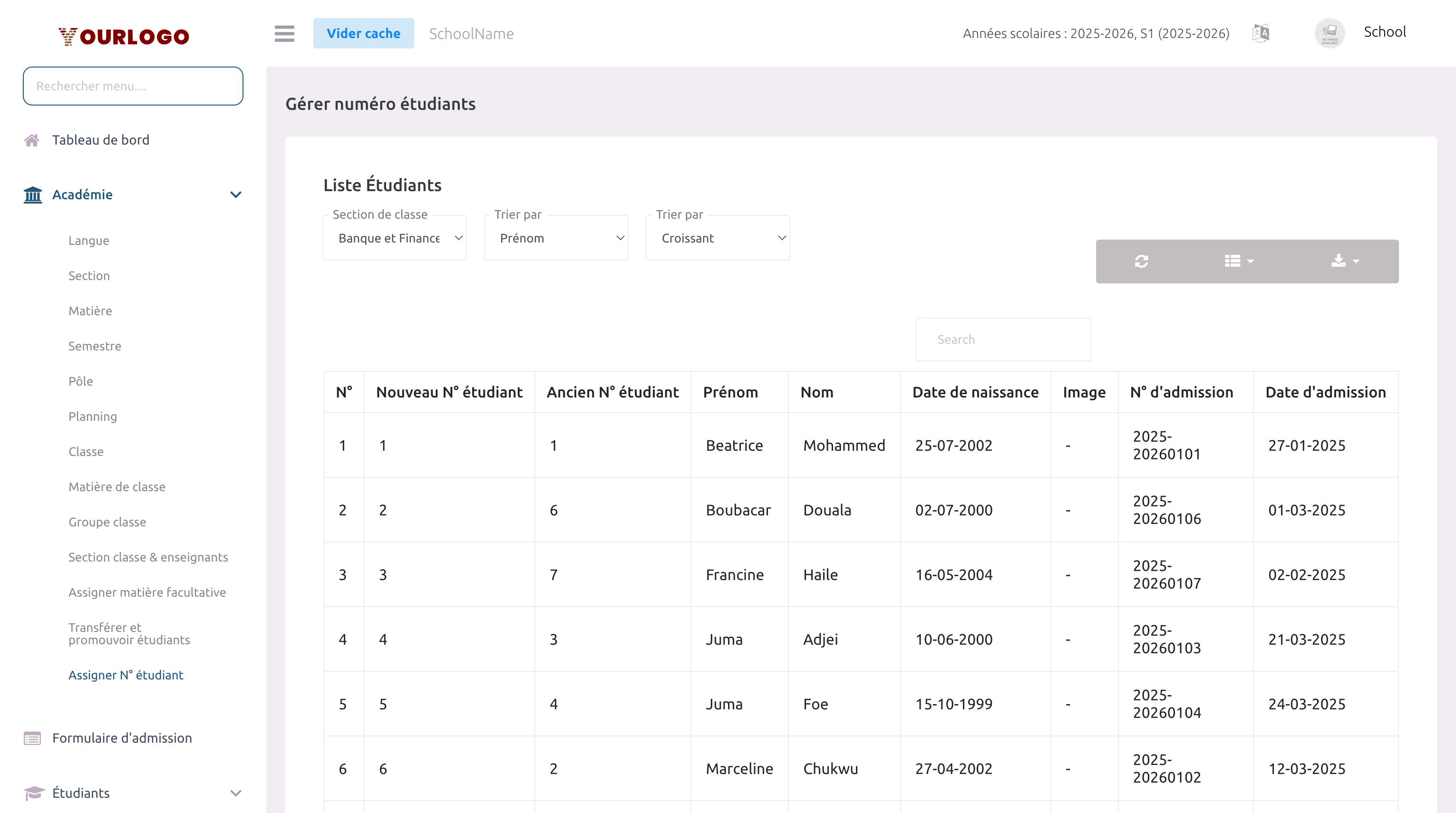 Page d'assignation des numéros étudiants avec sélection de section et liste d'élèves