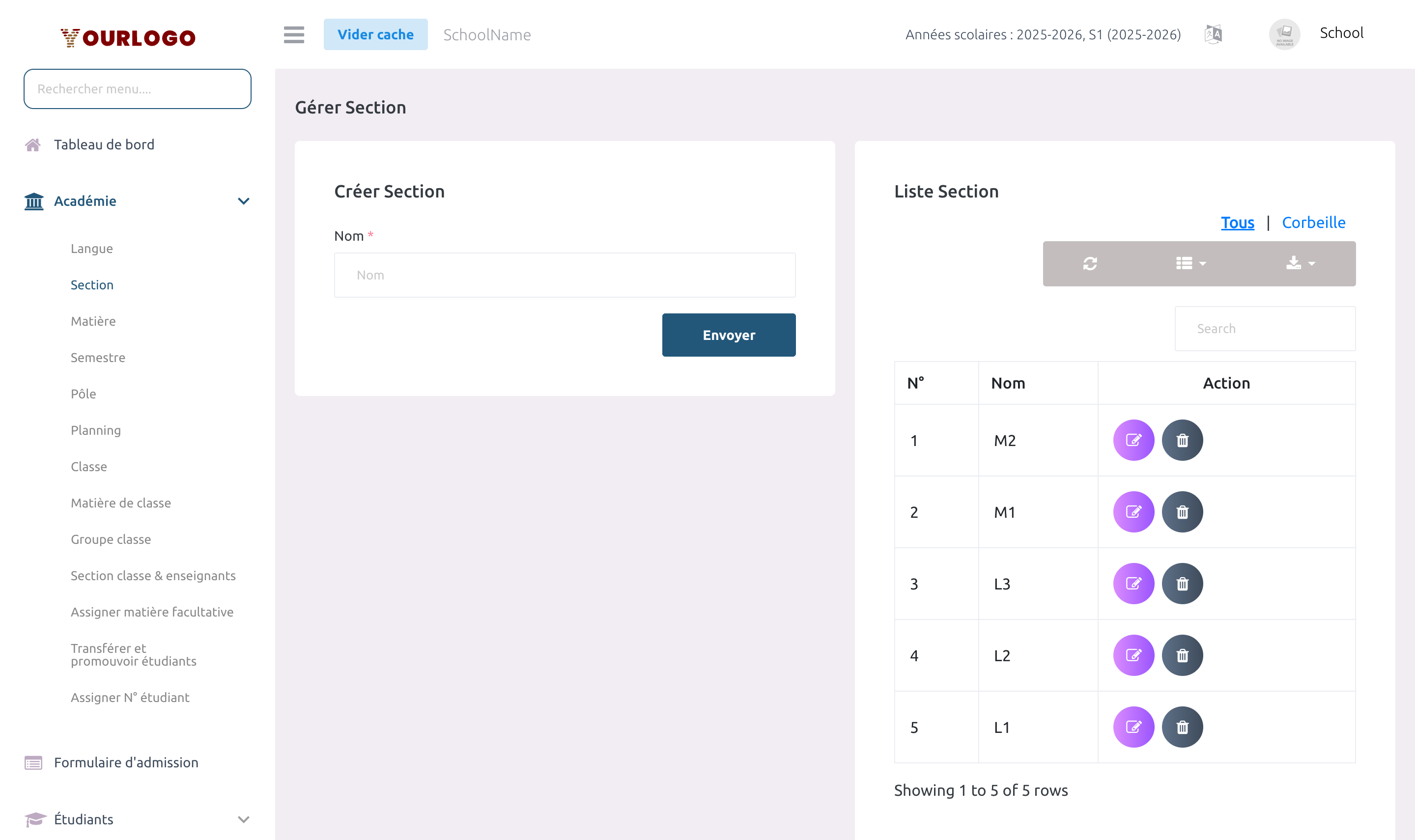 Page de gestion des Sections avec formulaire de création et tableau de liste