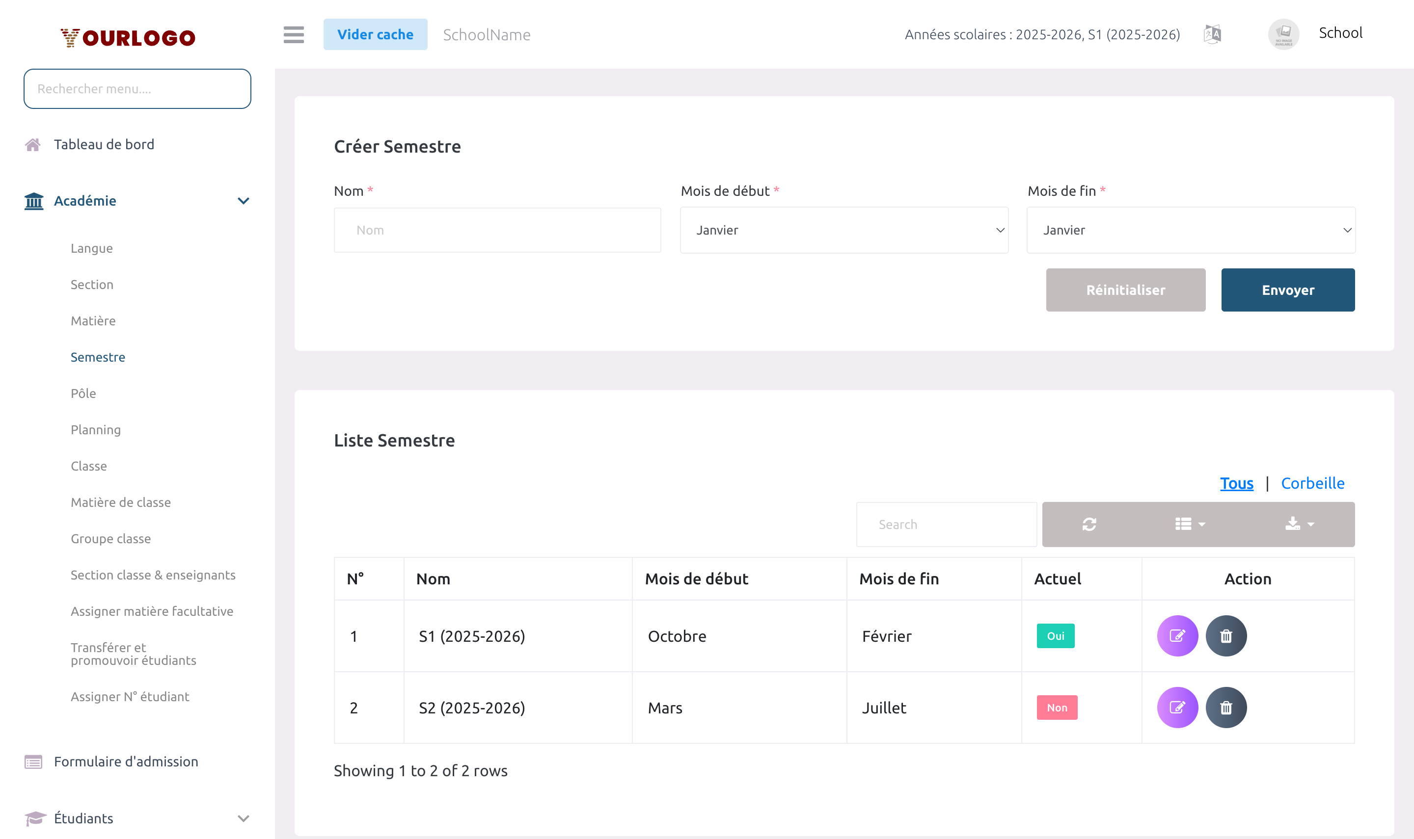 Page de gestion des Semestres avec mois de début et fin