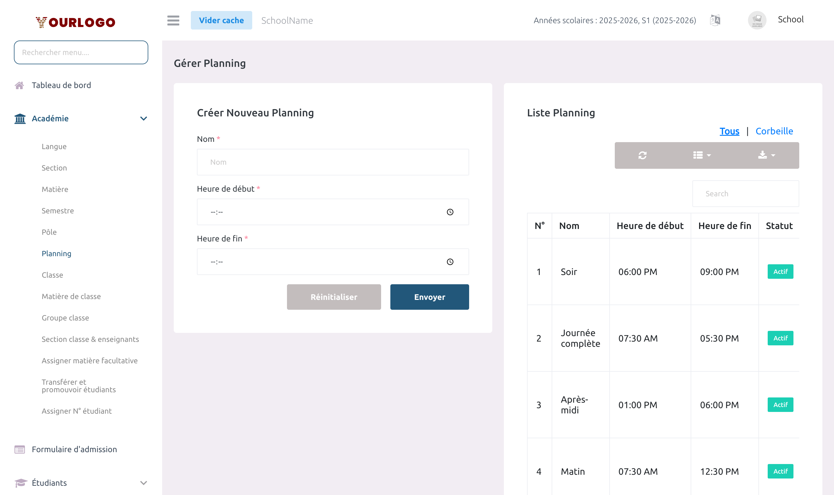 Page de gestion des Plannings avec heures de début et fin
