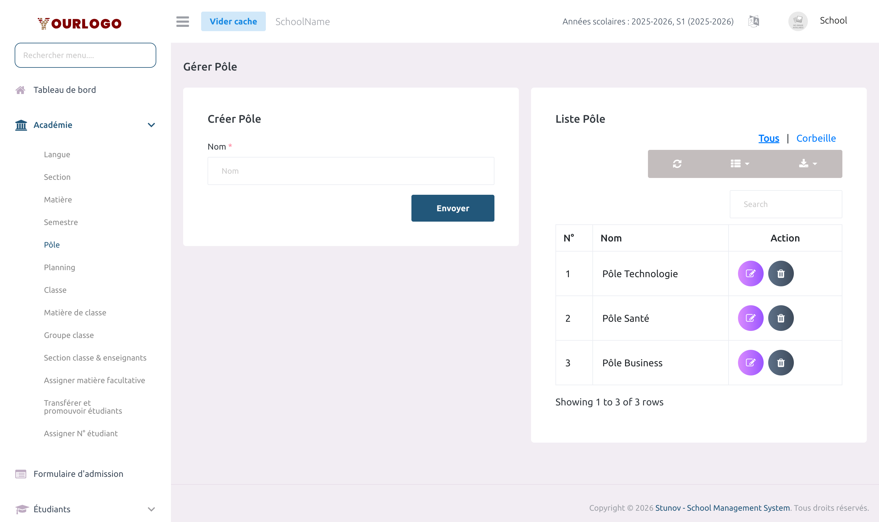 Page de gestion des Pôles avec formulaire de création et tableau de liste