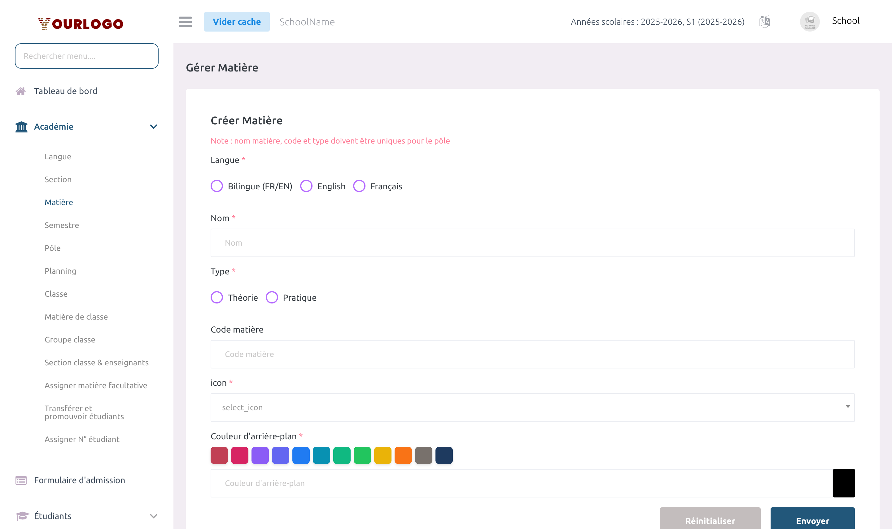Page de gestion des Matières avec icônes et couleurs
