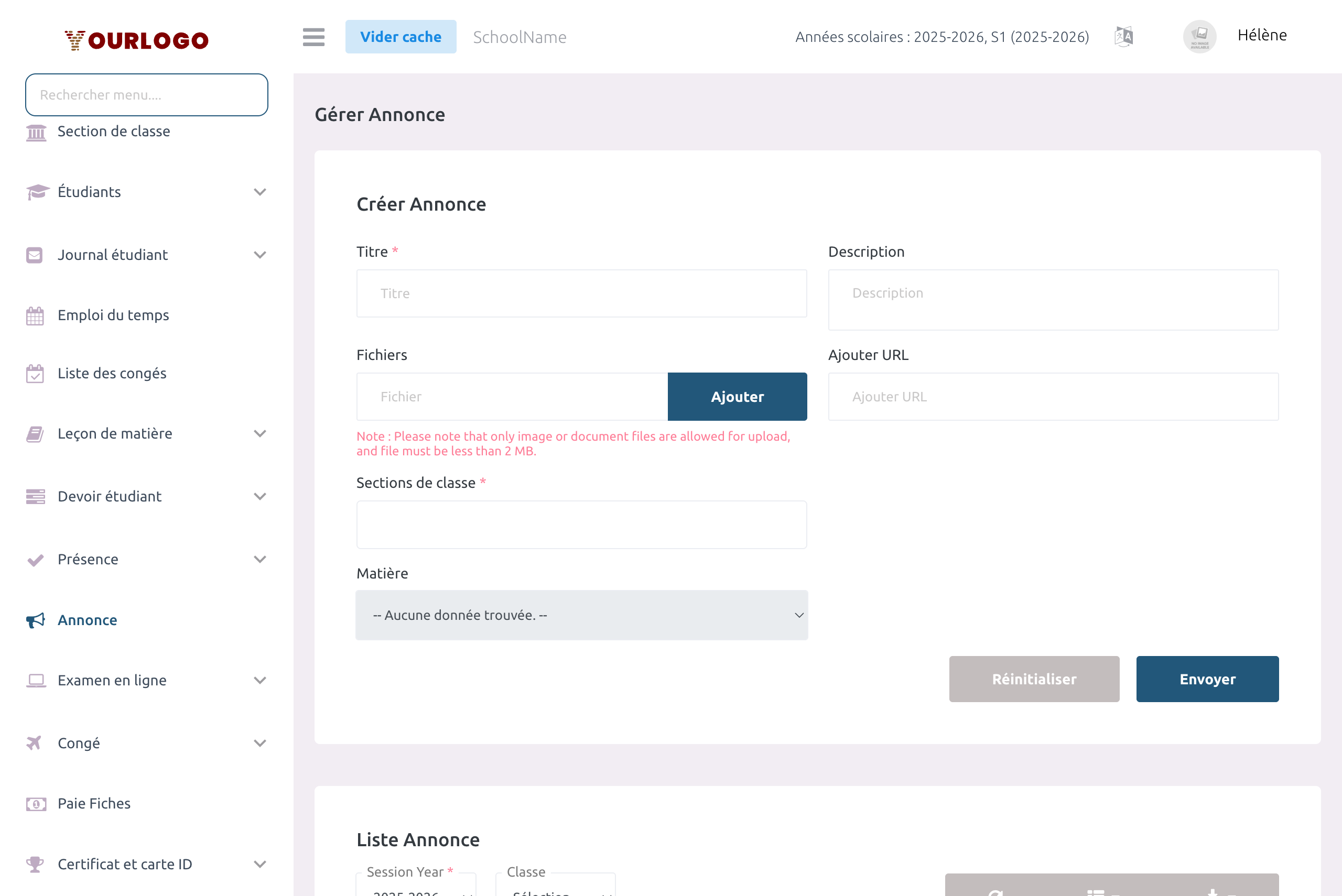 Formulaire de création d'annonce avec titre, description, téléchargement de fichiers, URL, sections de classe et matière