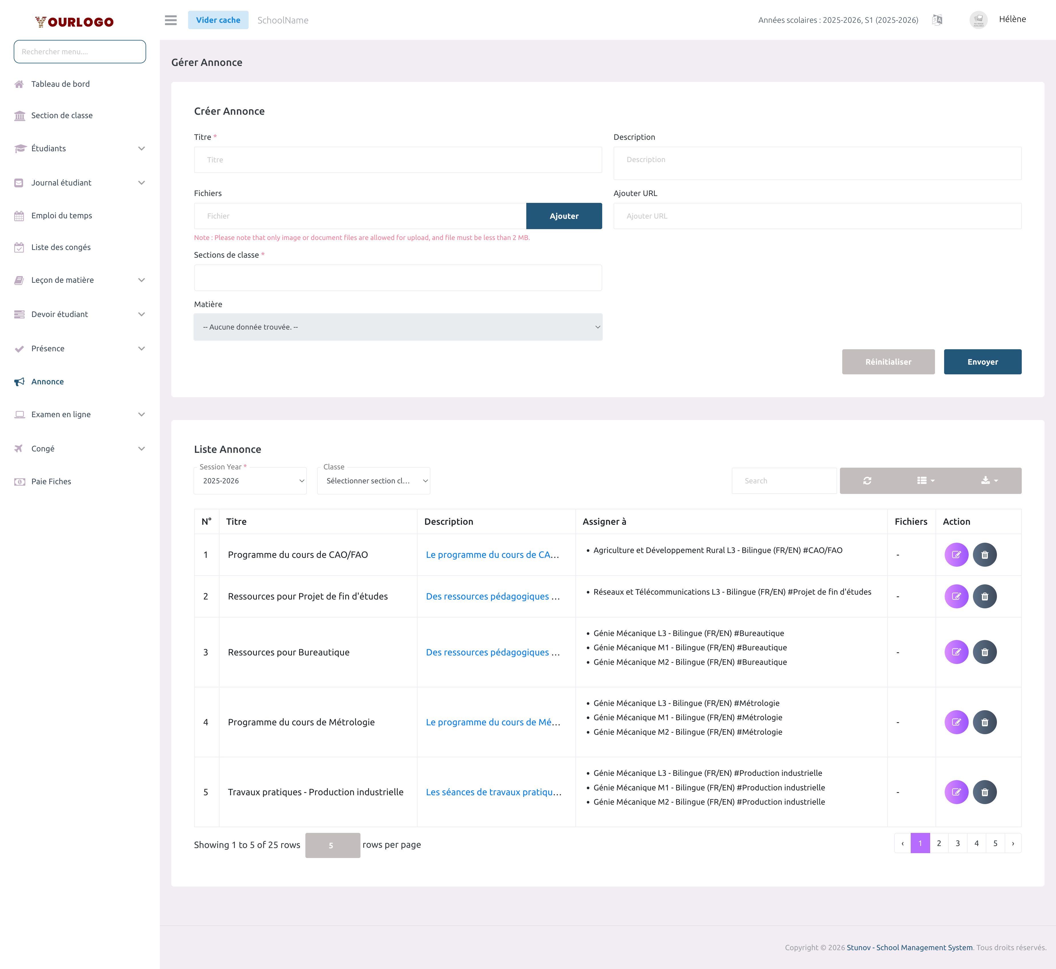 Page de gestion des annonces montrant le formulaire de création et le tableau