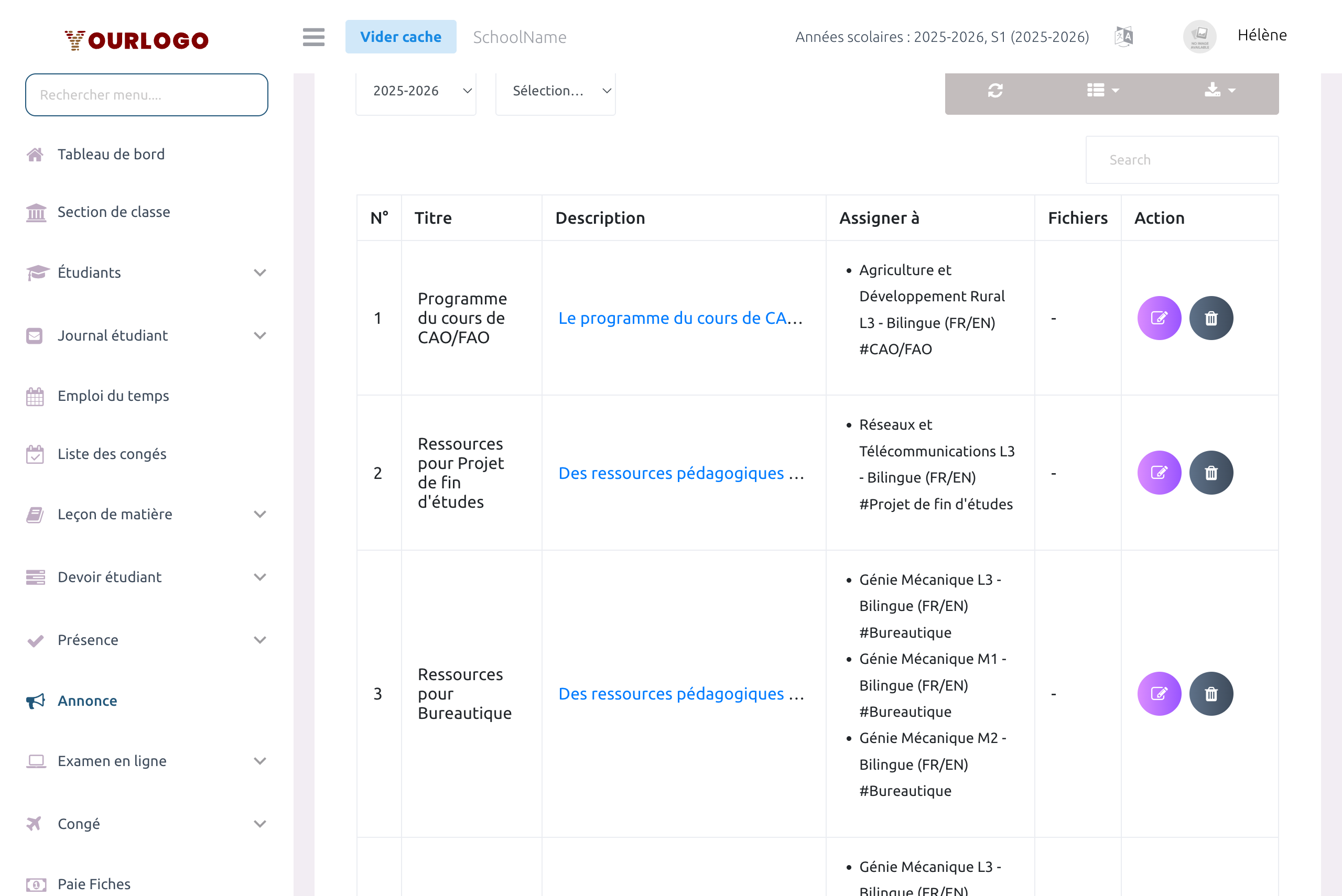 Tableau de la liste des annonces avec filtre par année scolaire, filtre par classe, recherche et options d'export