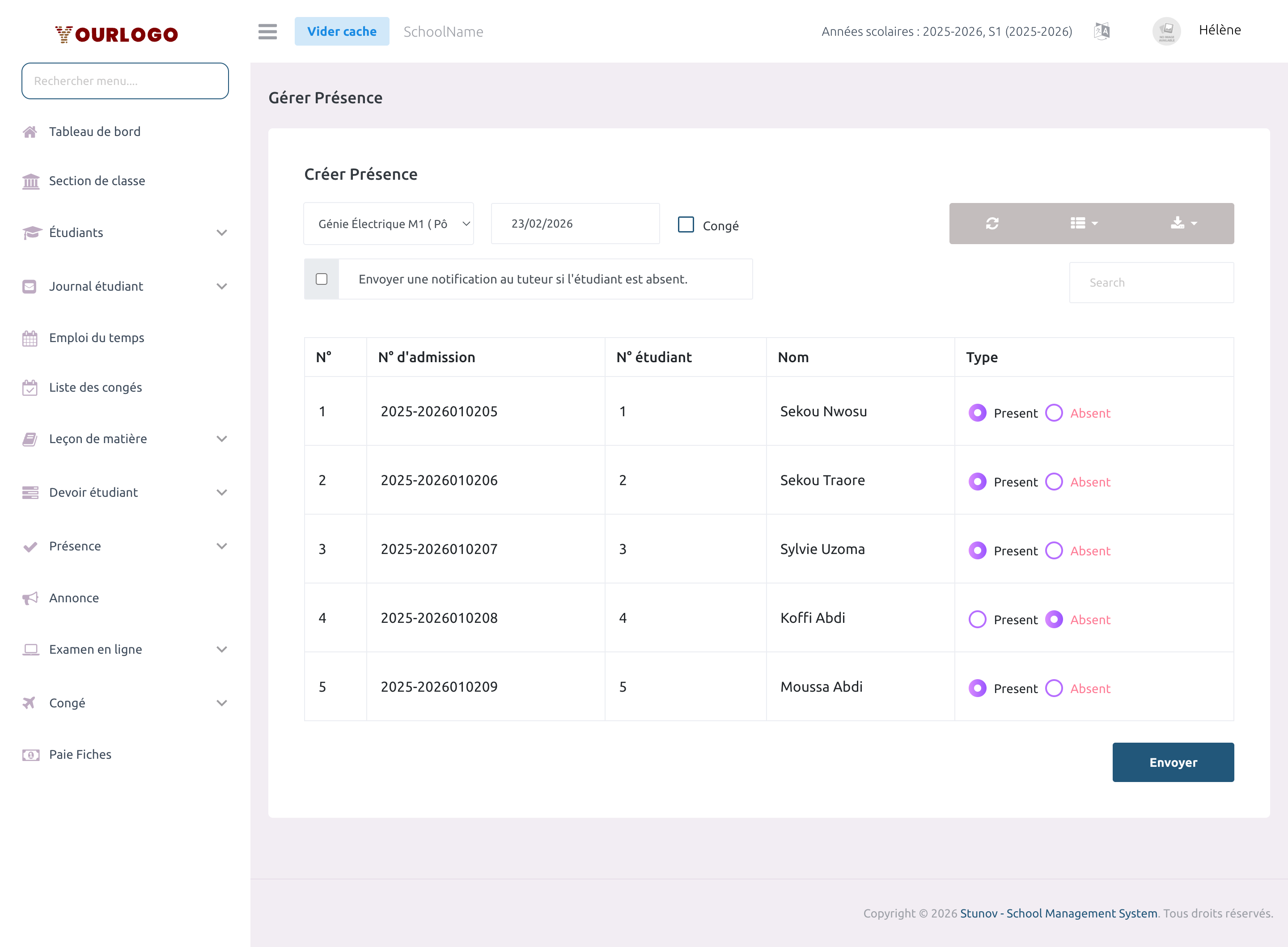 Panneau web page de marquage des présences avec élèves marqués