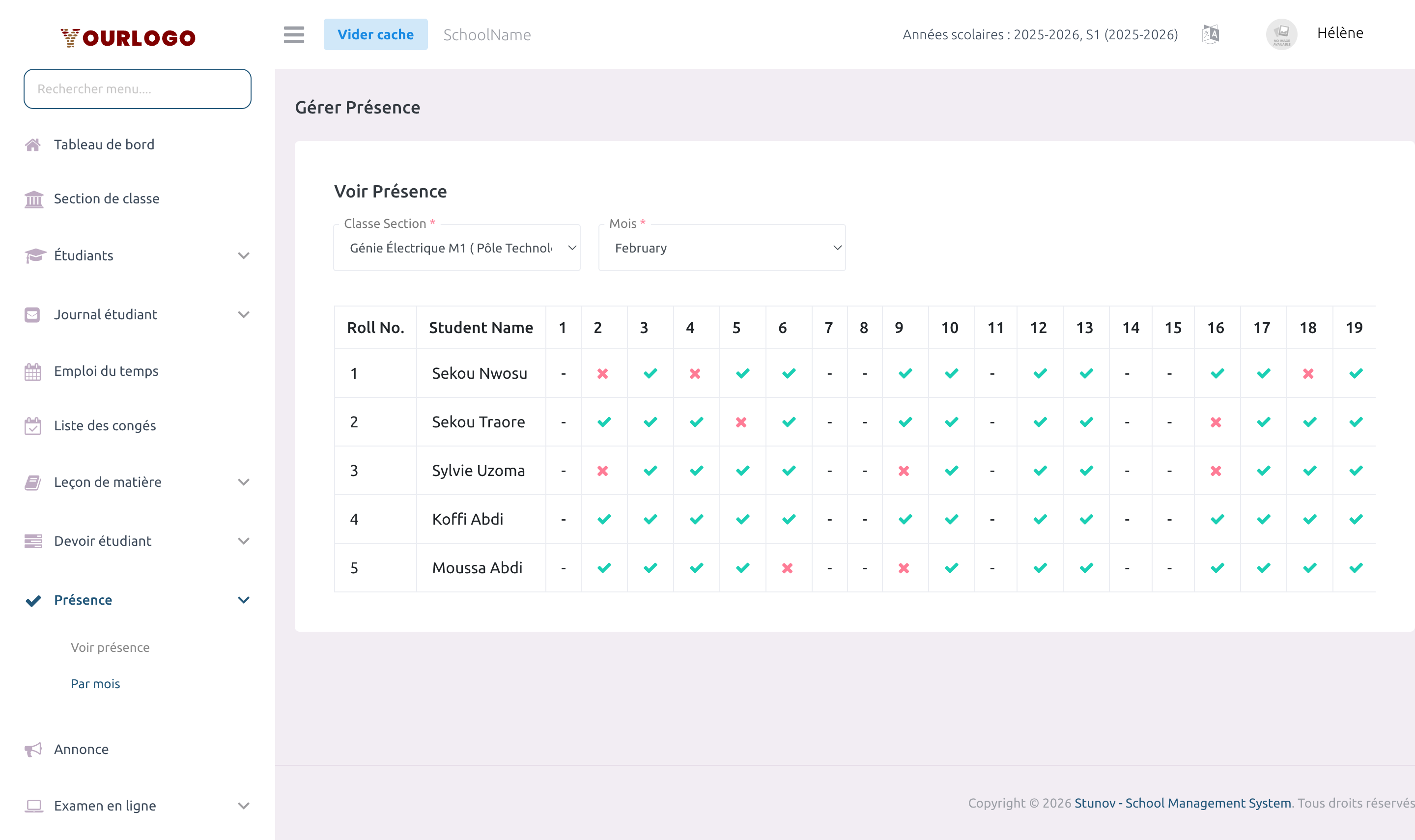 Grille de présence mensuelle montrant les élèves en lignes et les jours en colonnes avec des icônes de coche et de croix