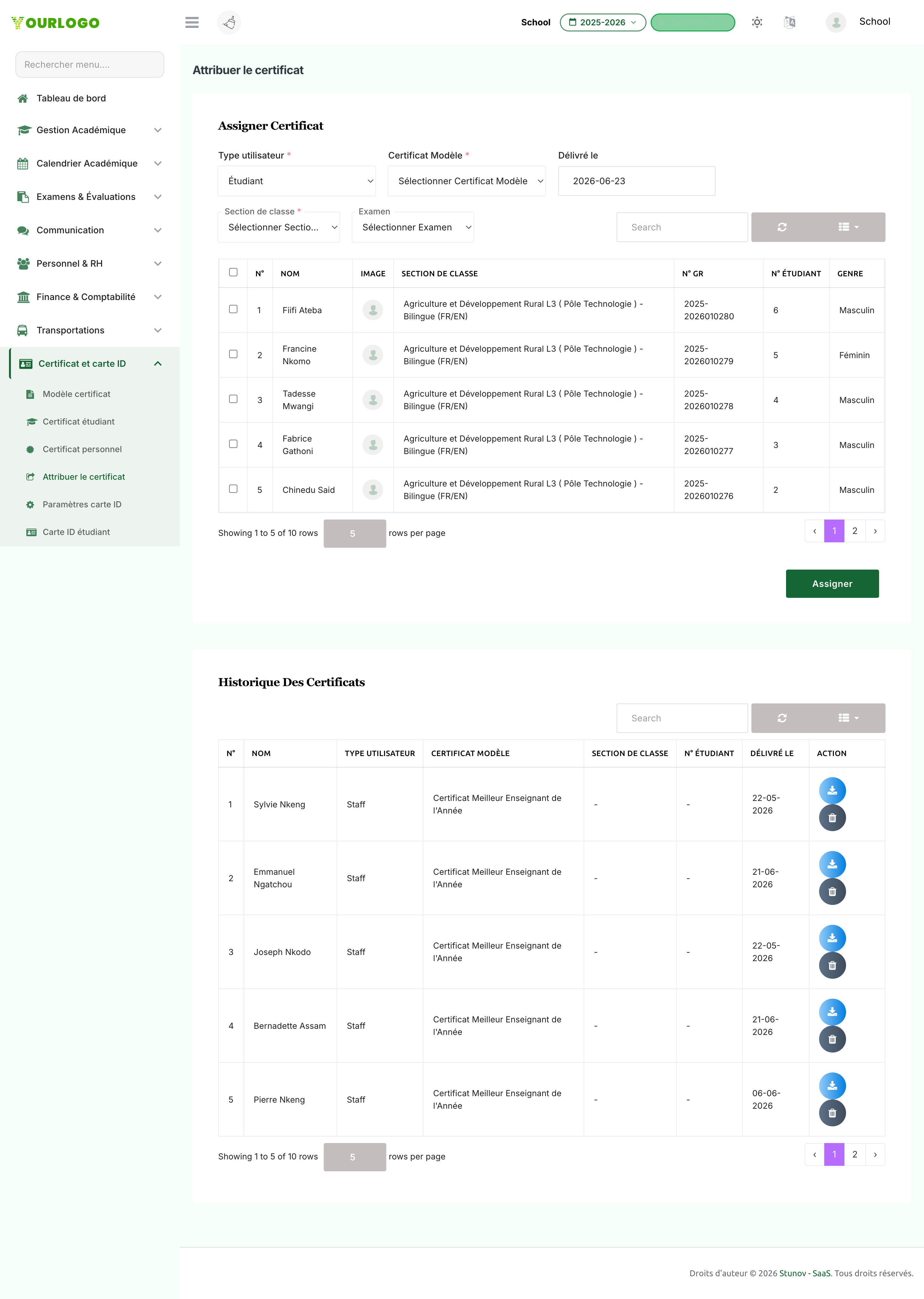 Page Attribuer un certificat avec public, modèle, tableau des destinataires et historique