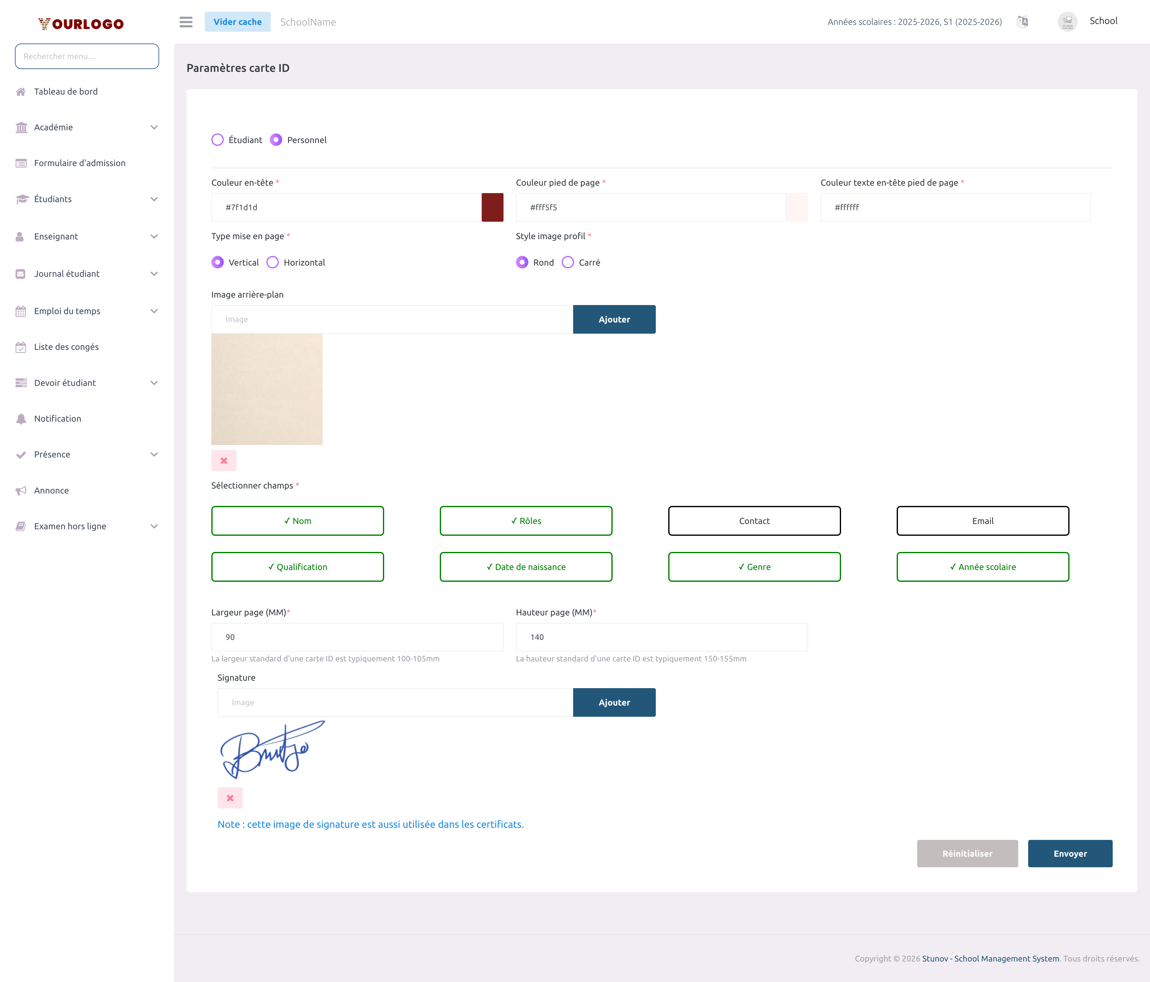 Page Paramètres Carte Personnel