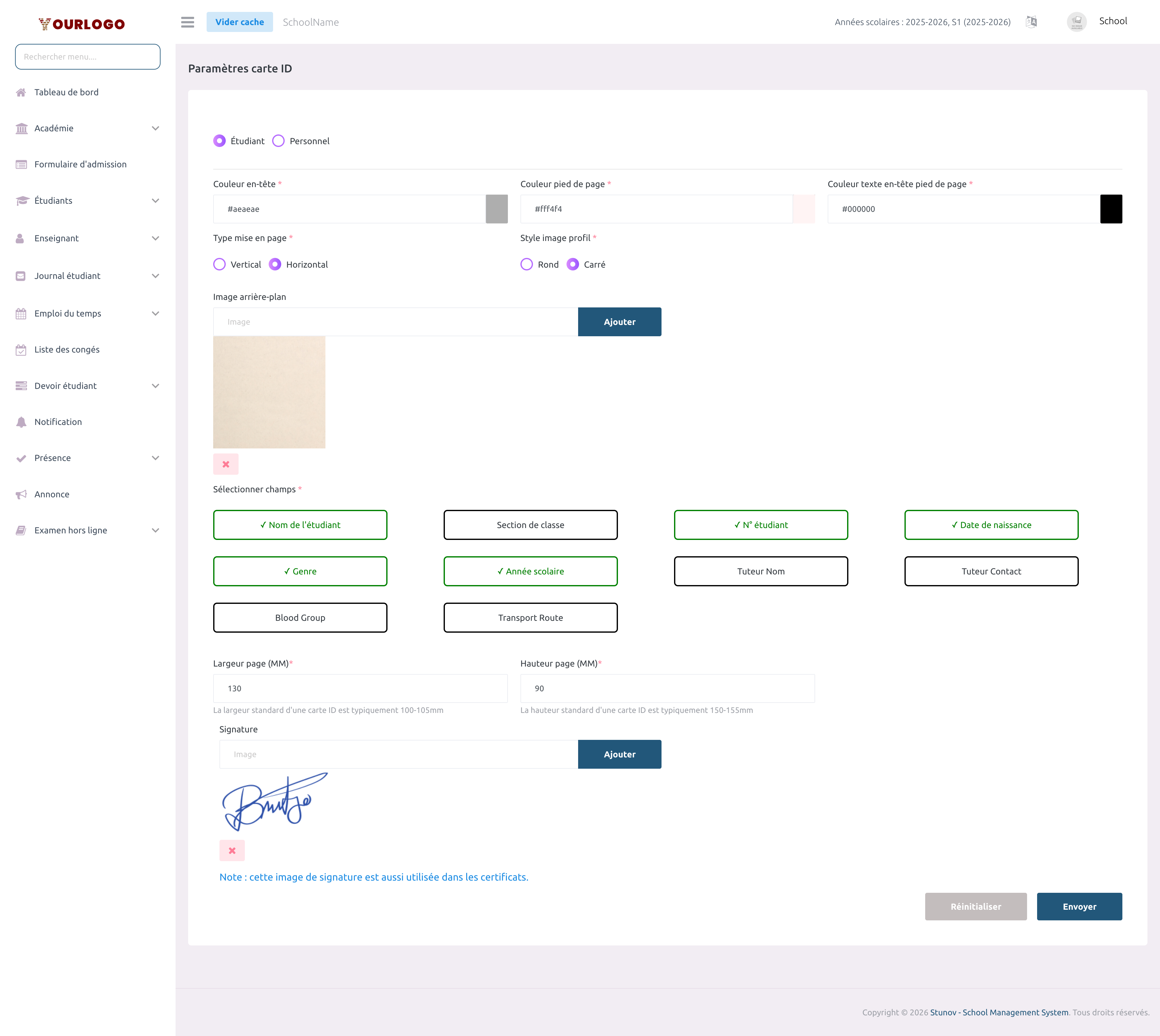 Page Paramètres Carte Étudiant avec sélecteurs de couleur, options de mise en page et champs