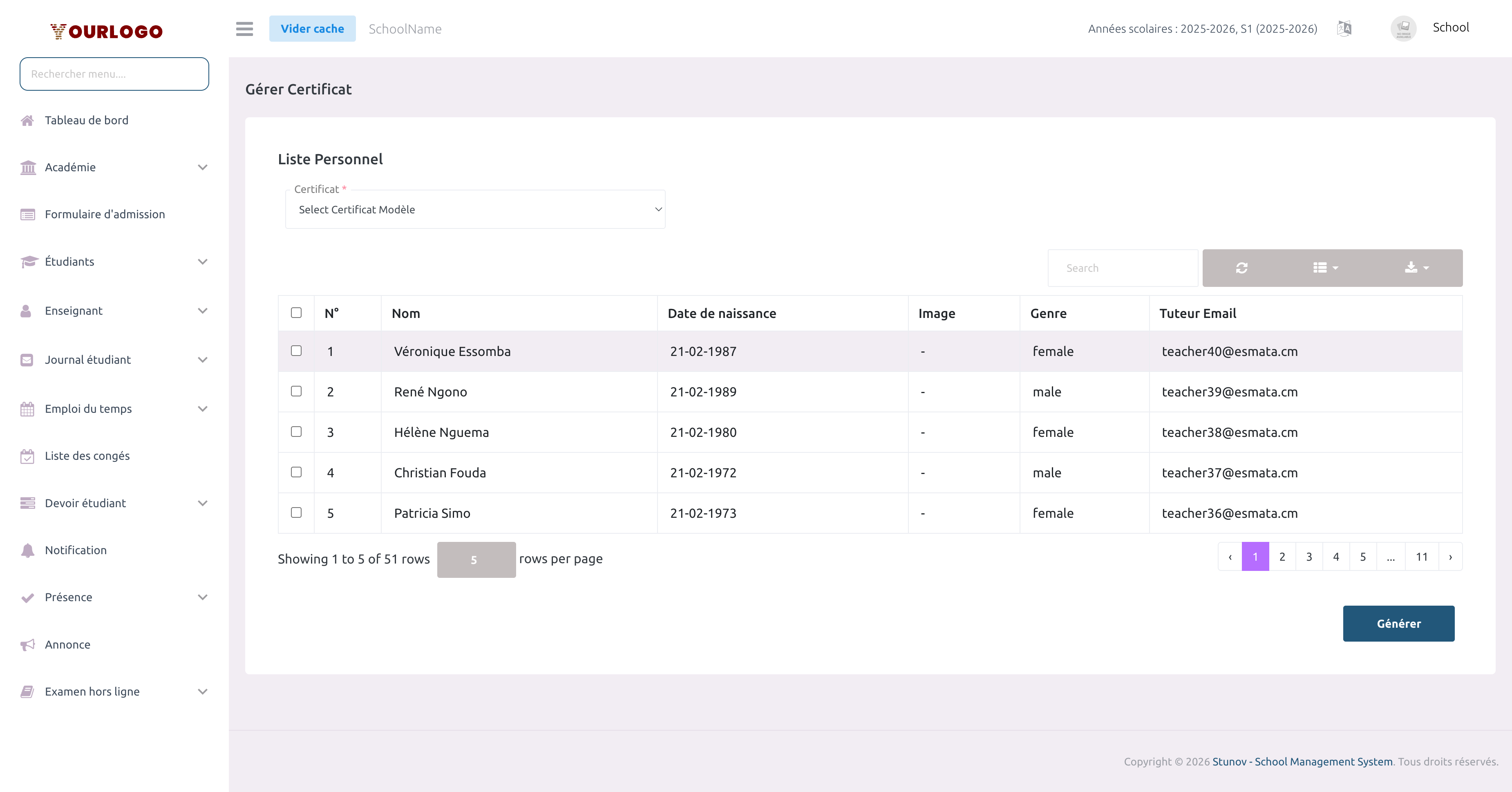 Page de génération de certificats du personnel