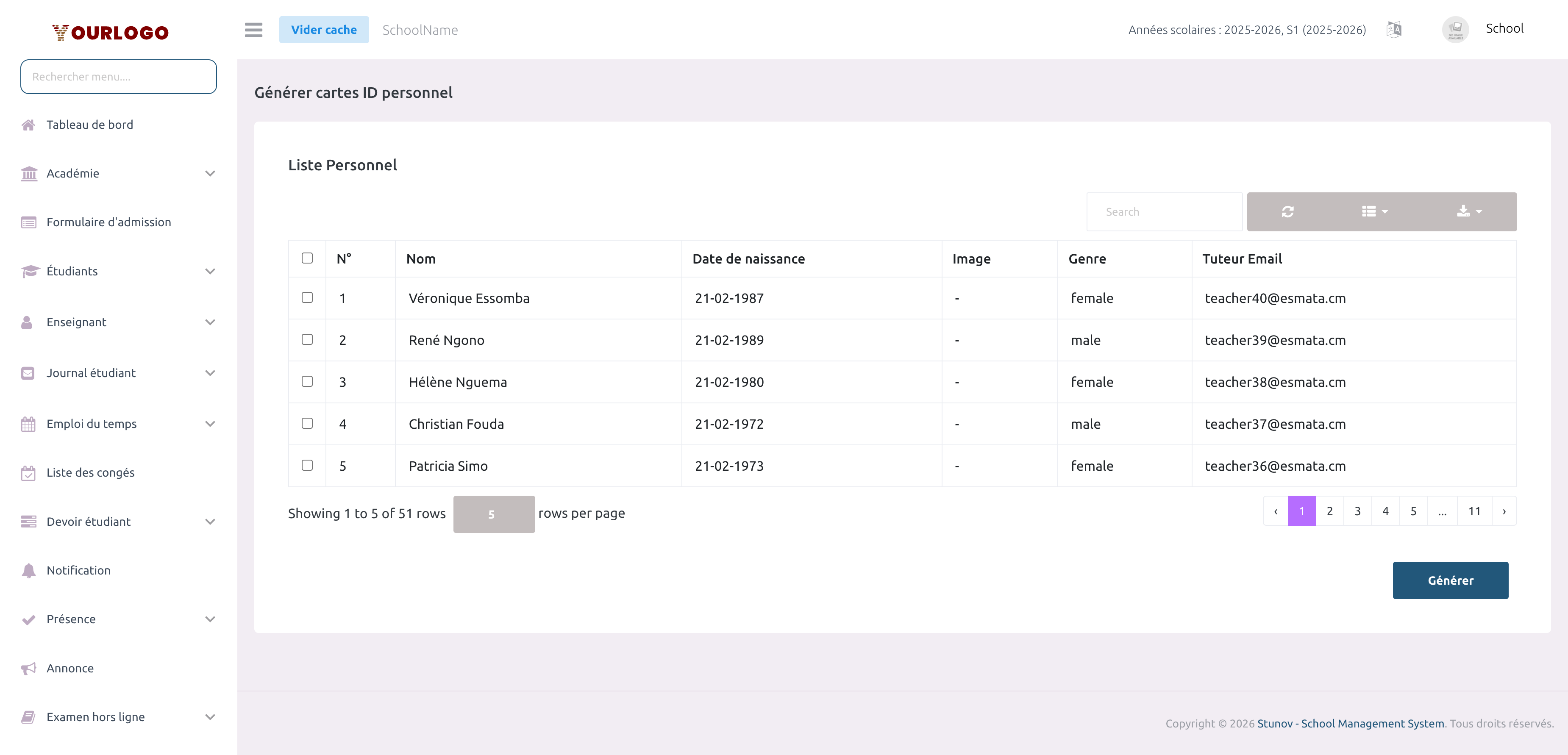 Page de génération de cartes d'identité du personnel