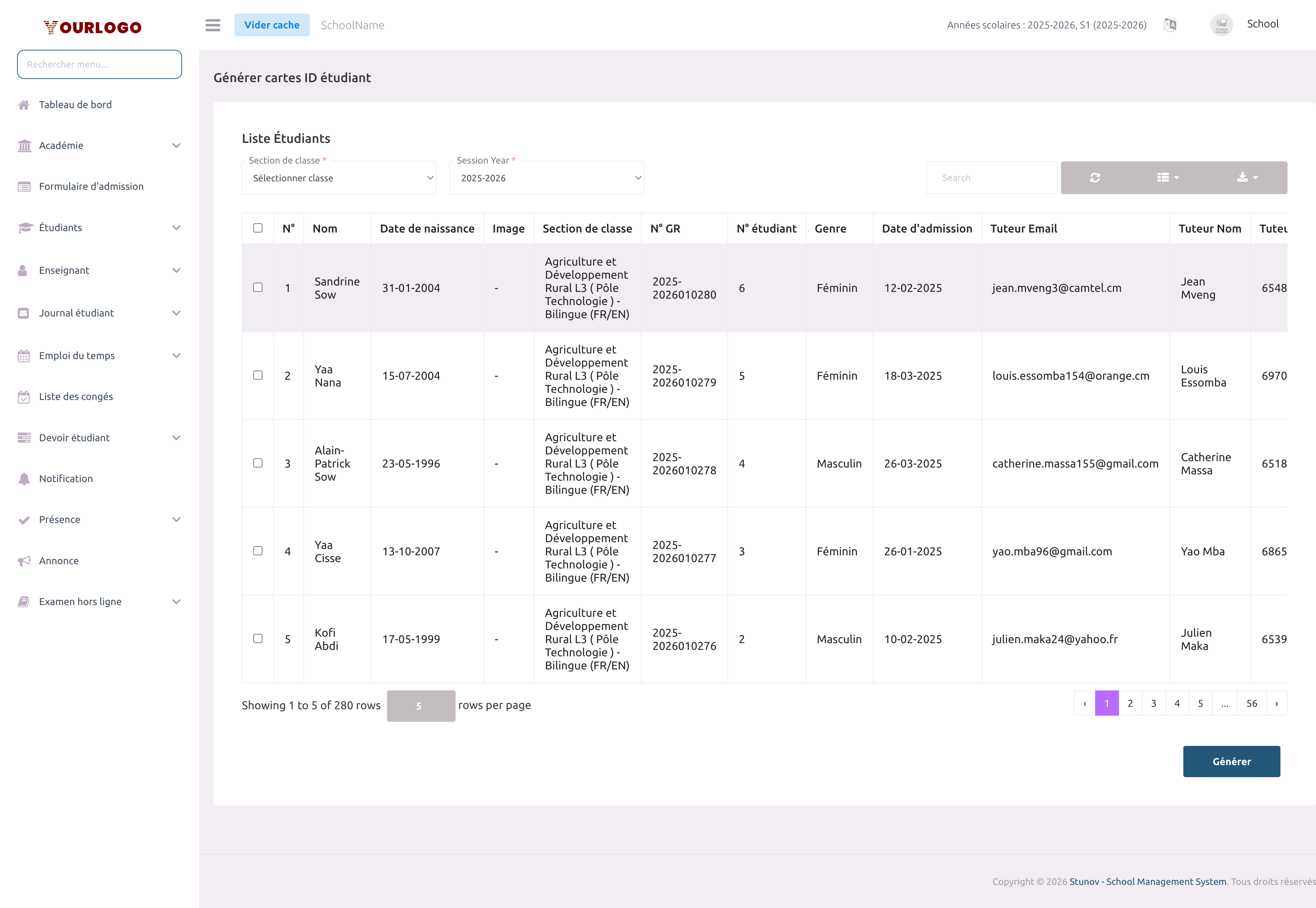 Page de génération de cartes d'identité étudiants