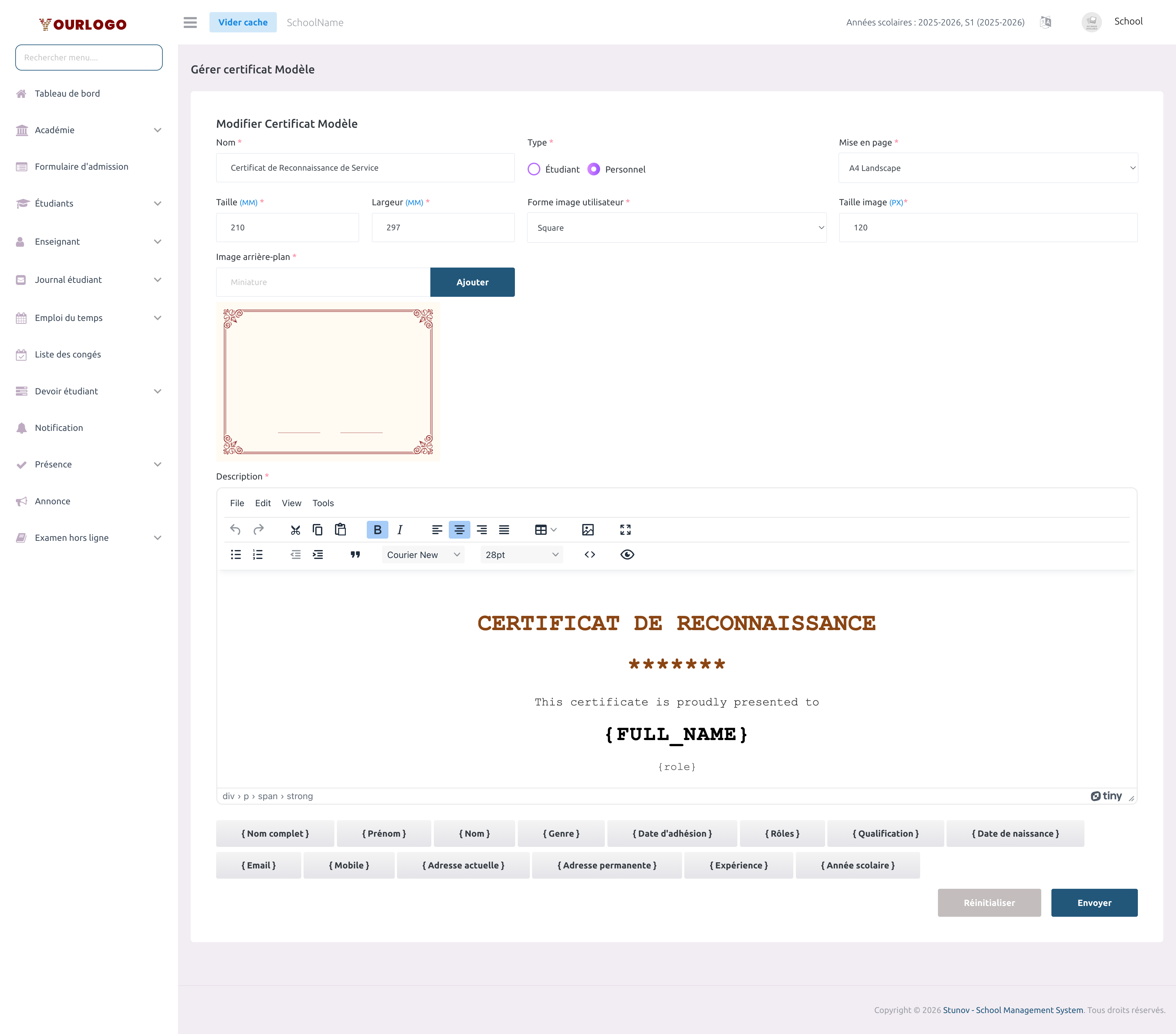Formulaire de modification du modèle de certificat avec champs pré-remplis