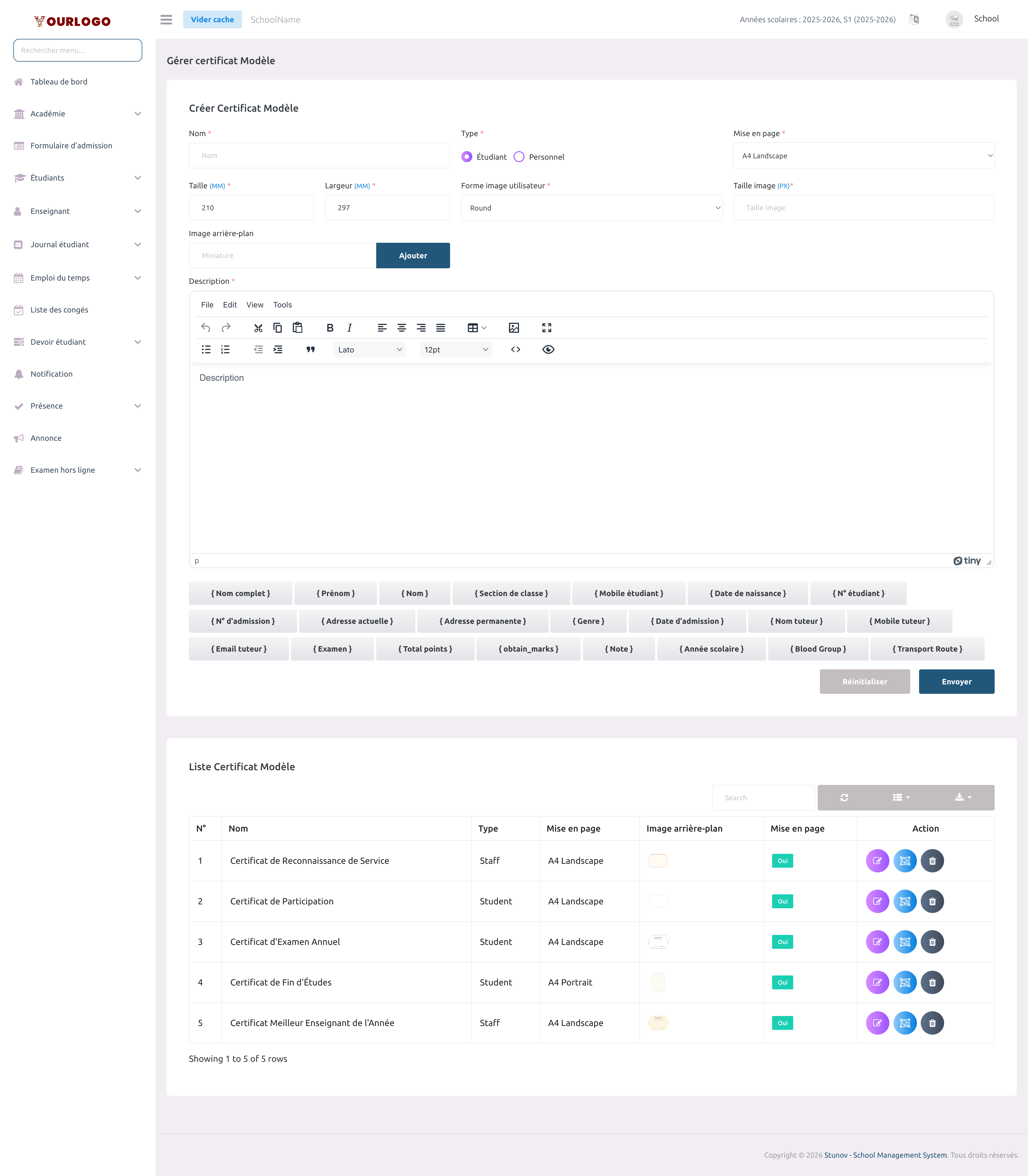 Page de gestion des modèles de certificats avec formulaire de création et liste