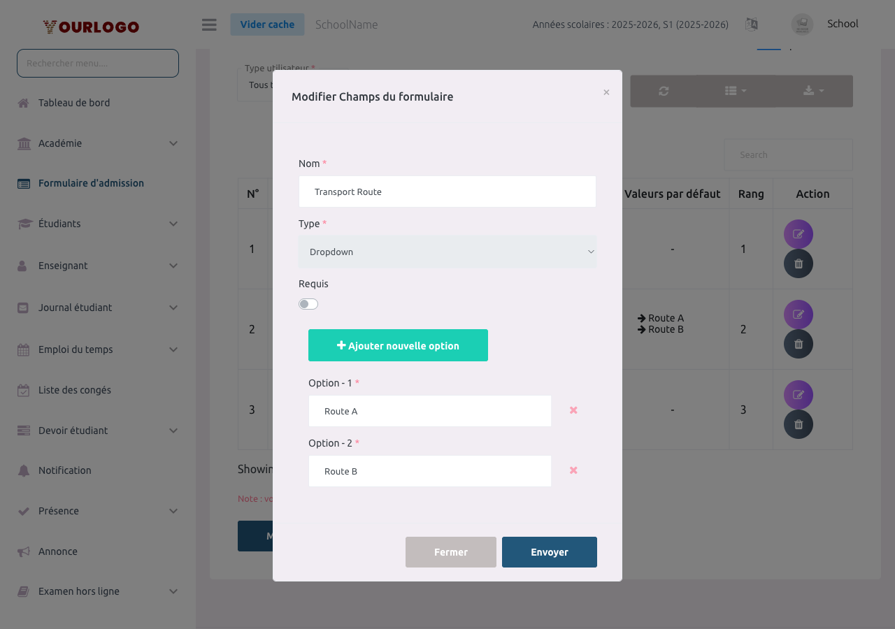 Fenêtre modale de modification d'un champ personnalisé montrant le nom, le type, l'interrupteur obligatoire et les options