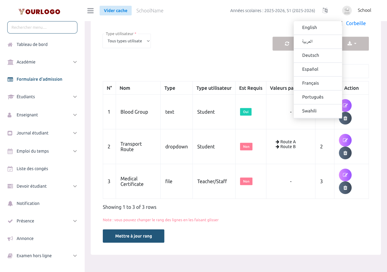 Fenêtre modale d'aperçu montrant l'apparence des champs personnalisés sur le formulaire d'admission