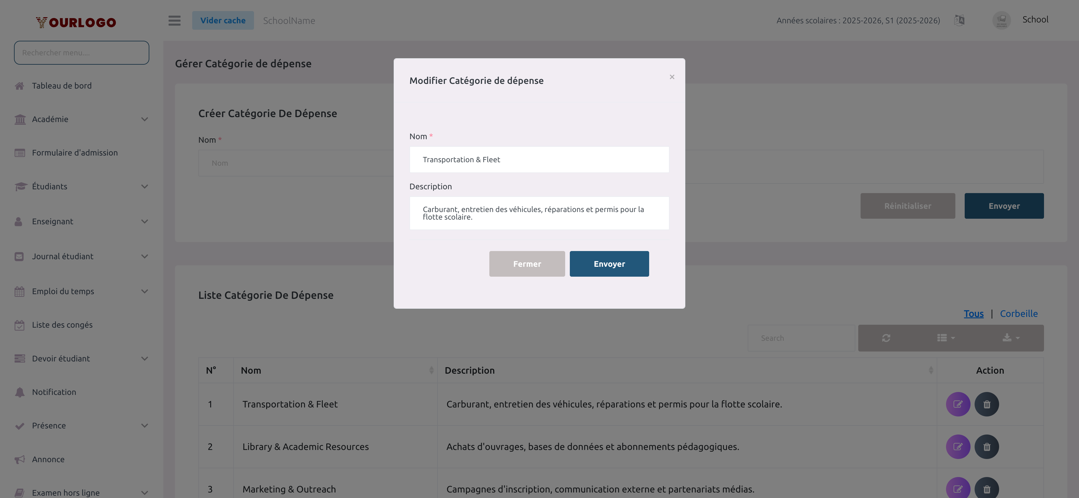 Fenêtre de modification de catégorie de dépense avec le nom et la description pré-remplis