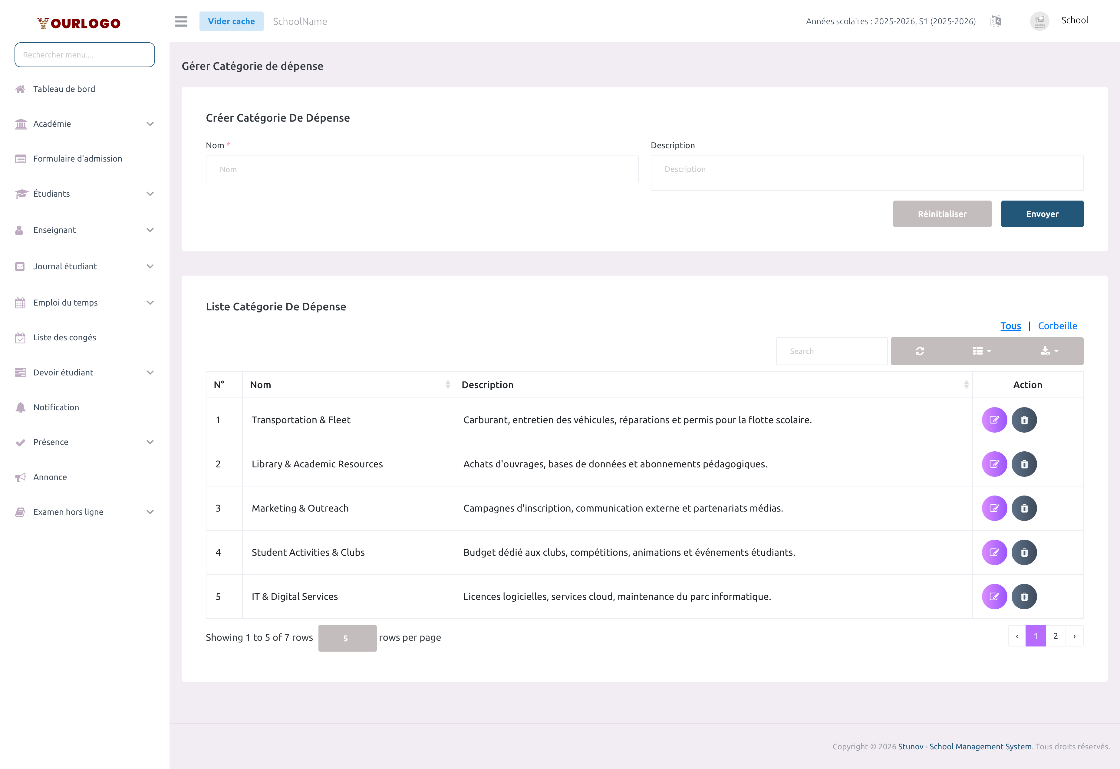 Page de gestion des catégories de dépenses avec le formulaire de création et la liste