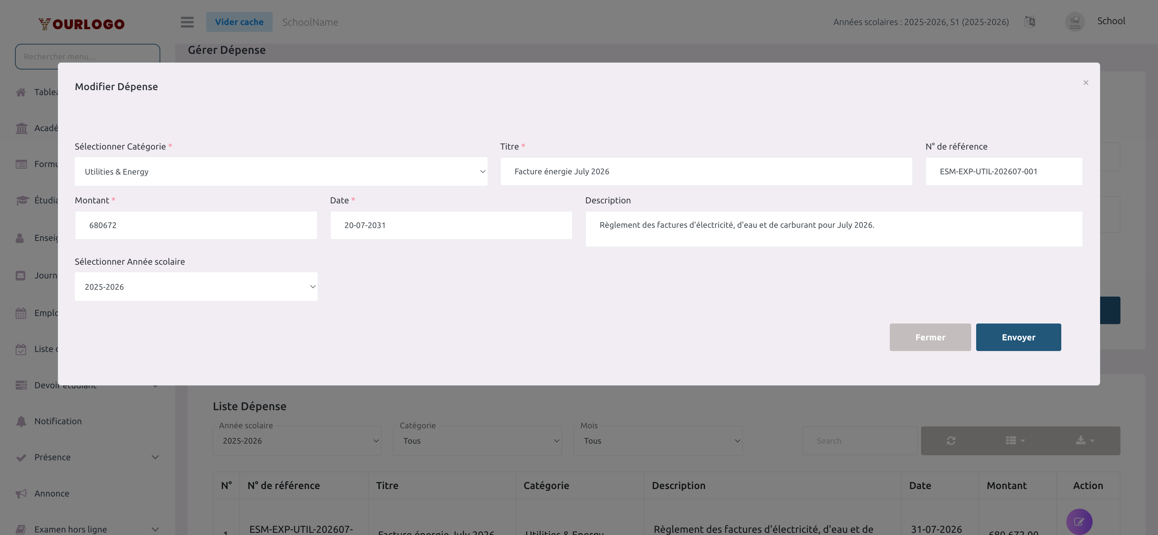 Fenêtre de modification de dépense avec tous les champs pré-remplis