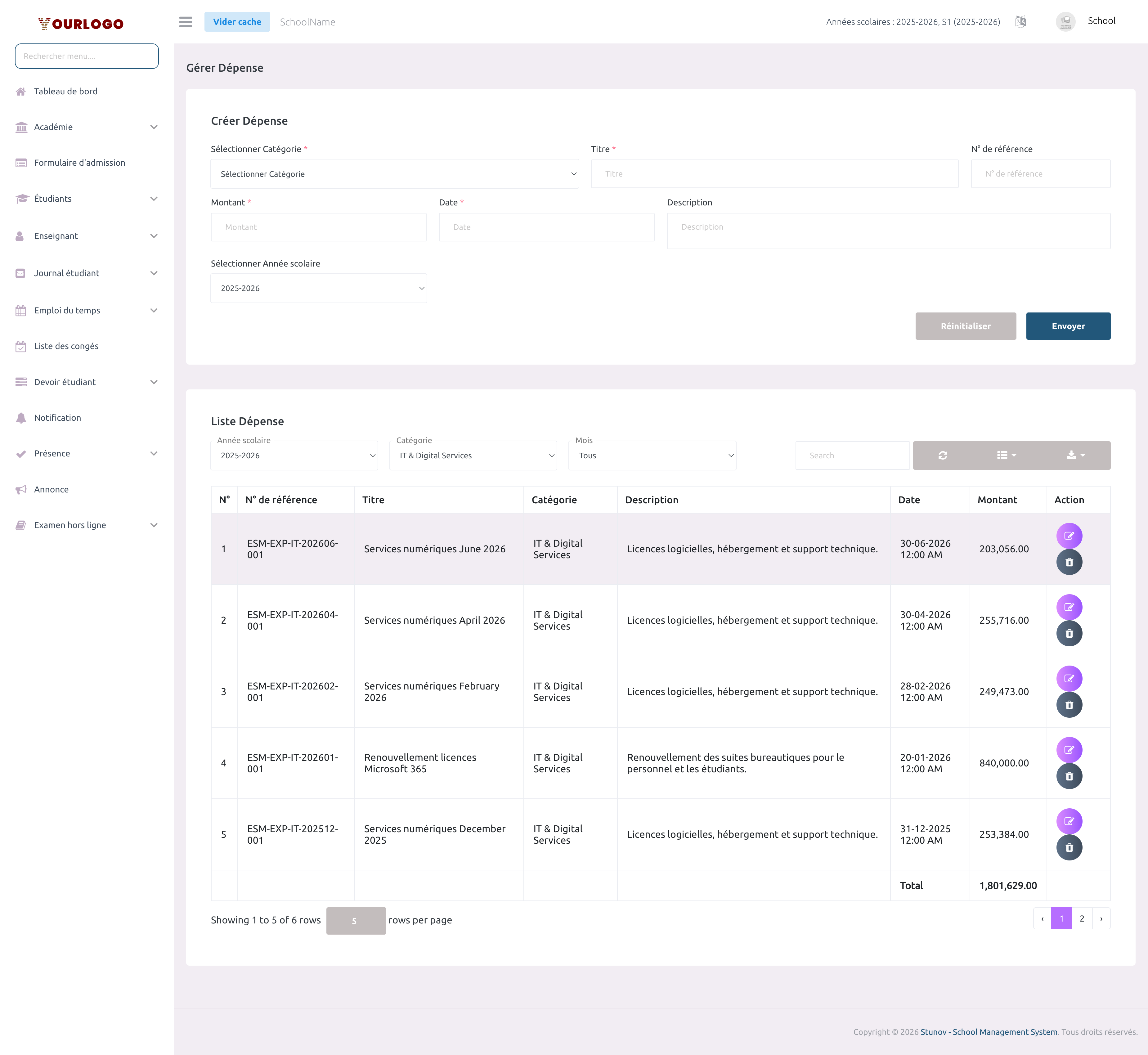 Liste des dépenses filtrée par la catégorie Services IT & Numériques