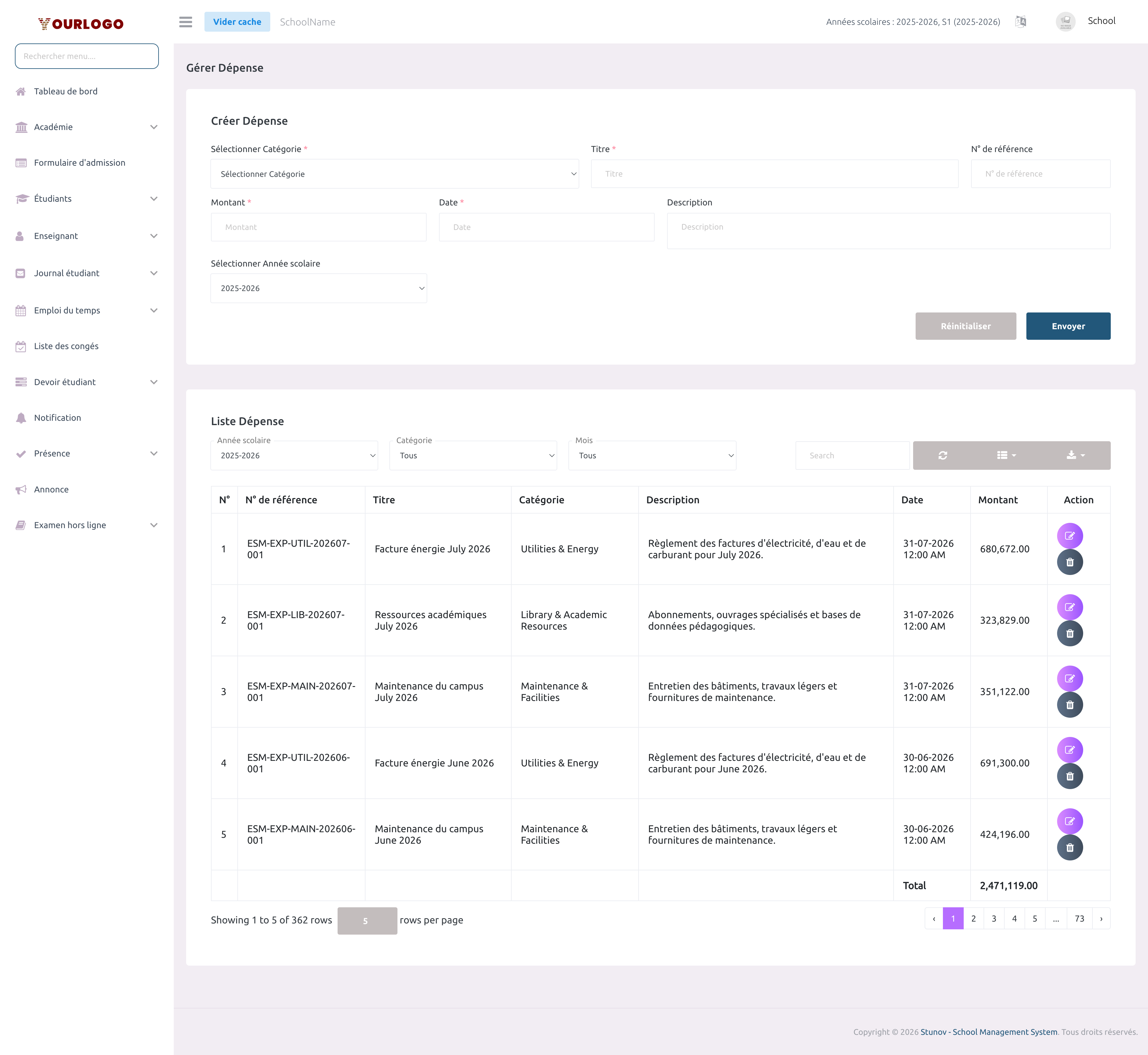 Page Gérer les Dépenses avec le formulaire de création, la barre de filtres et la liste des dépenses avec totaux