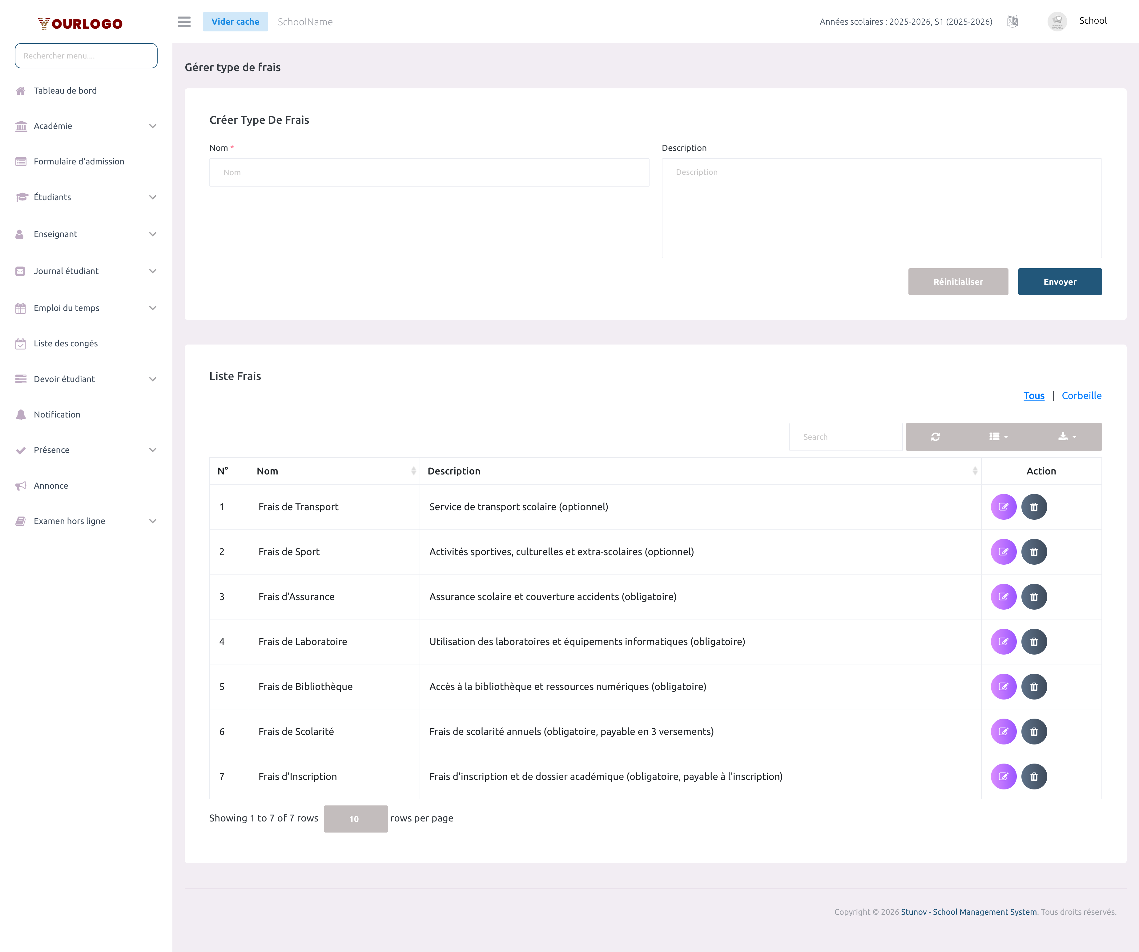 Page des types de frais montrant le formulaire de création et la liste des types