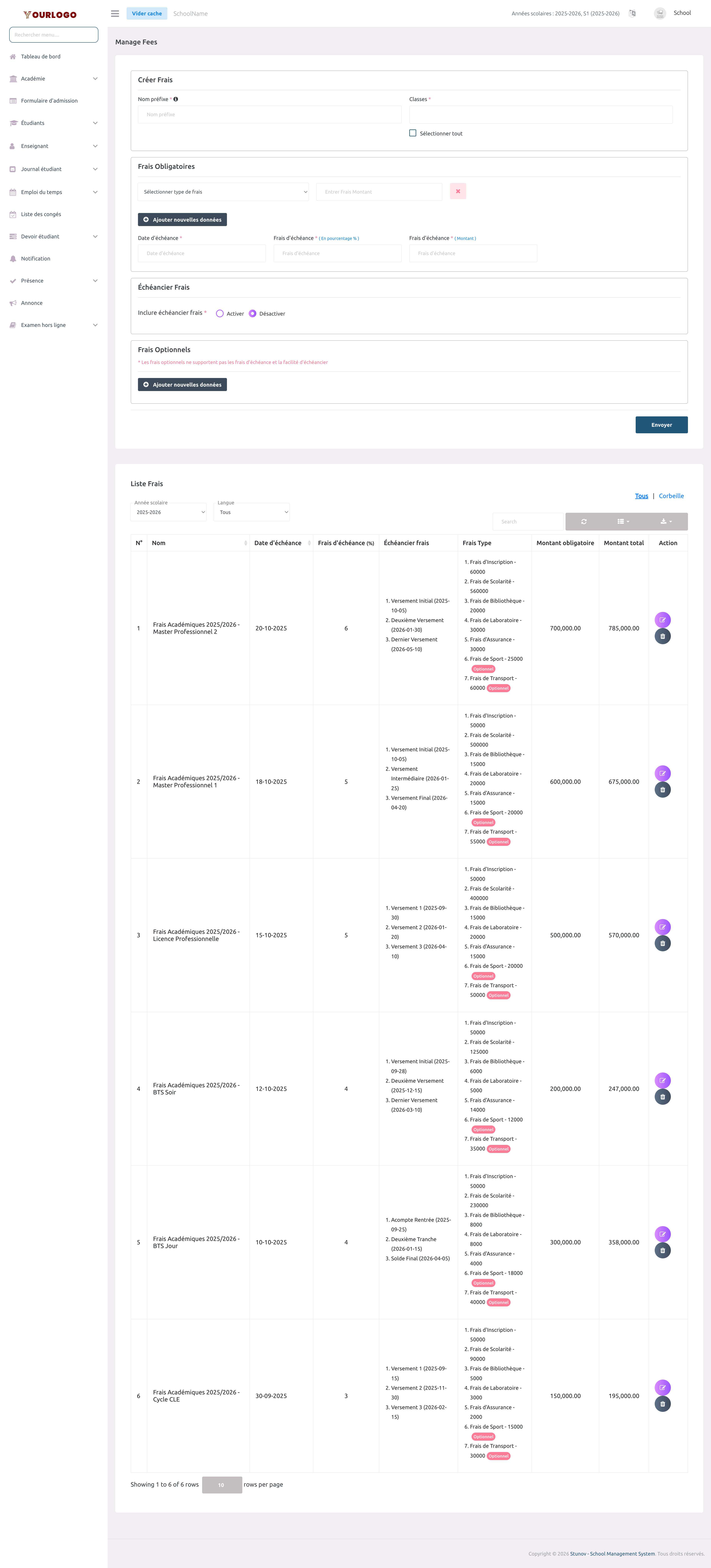 Page Gérer les Frais montrant le formulaire de création avec frais obligatoires, pénalités, versements et frais optionnels