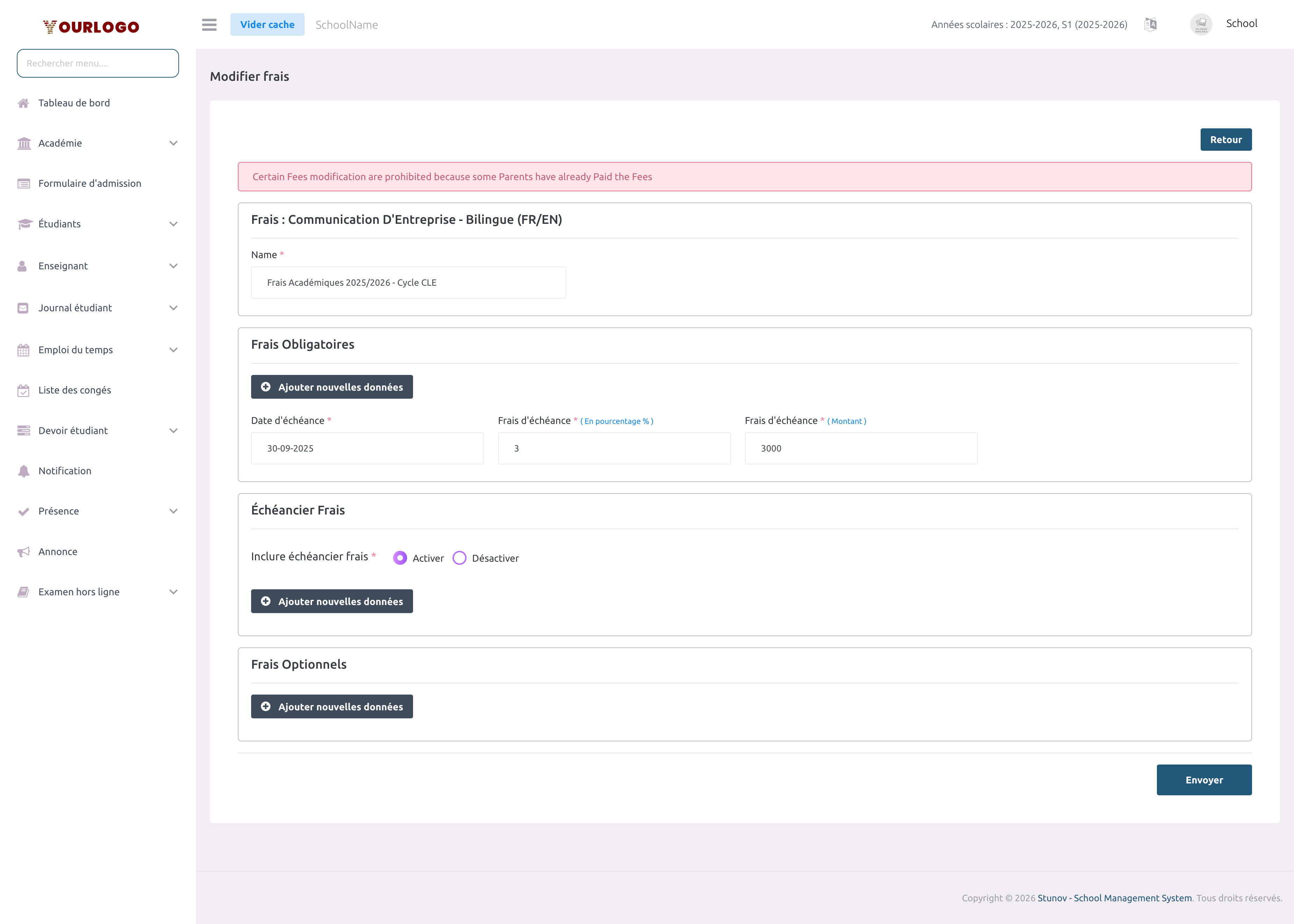 Page d'édition de frais montrant le formulaire avec les valeurs pré-remplies