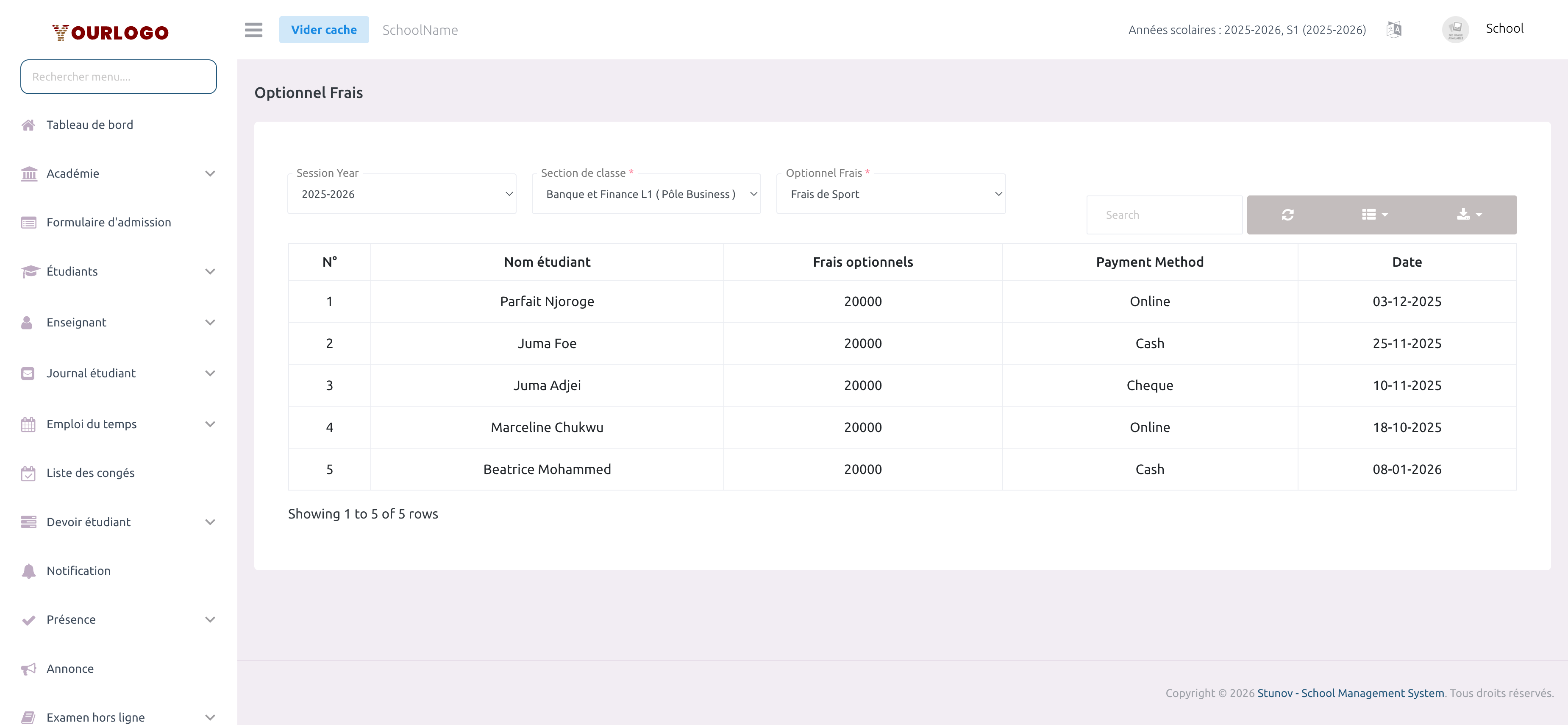 Page des frais optionnels montrant les filtres et la liste des paiements