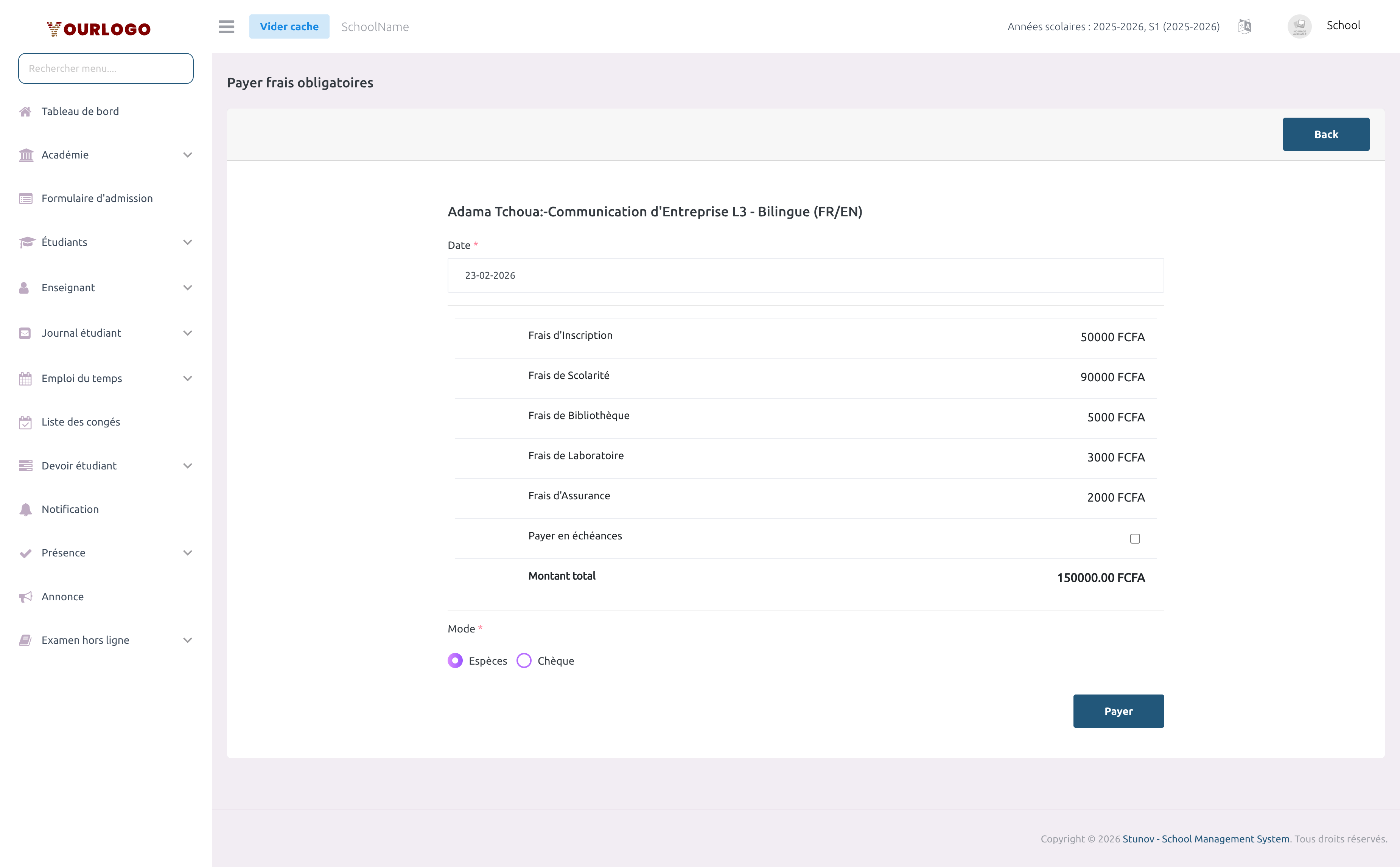 Formulaire de paiement des frais obligatoires montrant le détail et les champs de paiement