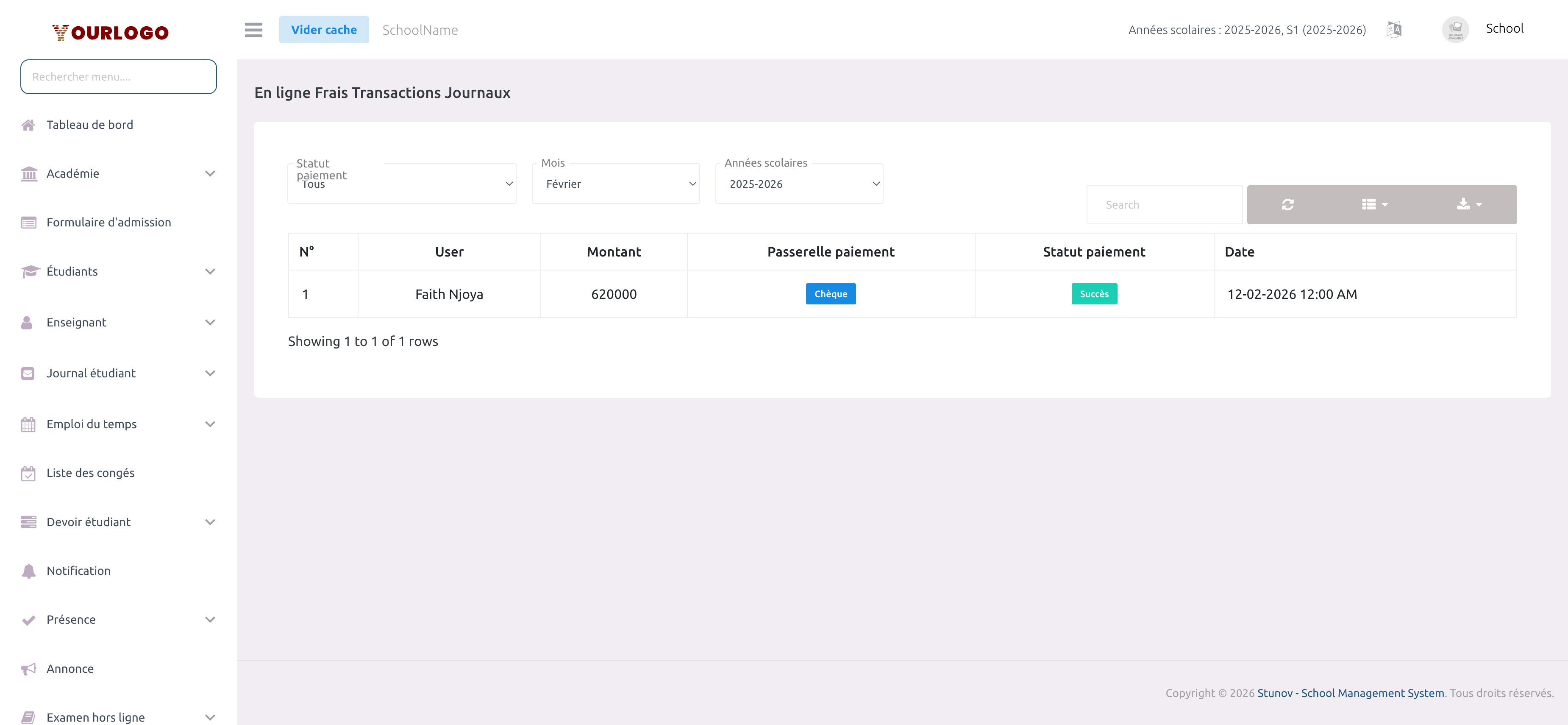 Page du journal des transactions montrant les paiements en ligne avec badges de statut